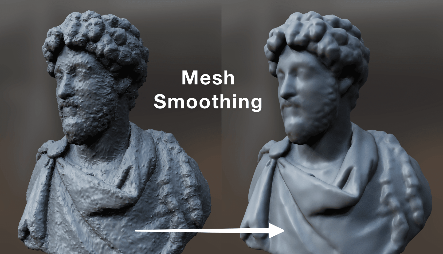 a comparison of two 3d models of a bust the left side shows a detailed textured version with rough surfaces while the right side presents a smoothed version with a polished finish text reads mesh smoothing with an arrow indicating the transition digital production A comparison of two 3D models of a bust. The left side shows a detailed, textured version with rough surfaces, while the right side presents a smoothed version with a polished finish. Text reads "Mesh Smoothing" with an arrow indicating the transition.