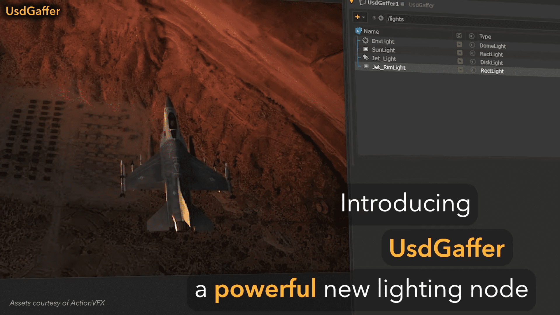 an aerial view of a military aircraft on a rugged terrain the background is a deep reddish hue complementing a software interface showcasing the features of usdgaffer highlighting a new lighting node digital production An aerial view of a military aircraft on a rugged terrain. The background is a deep reddish hue, complementing a software interface showcasing the features of UsdGaffer, highlighting a new lighting node.