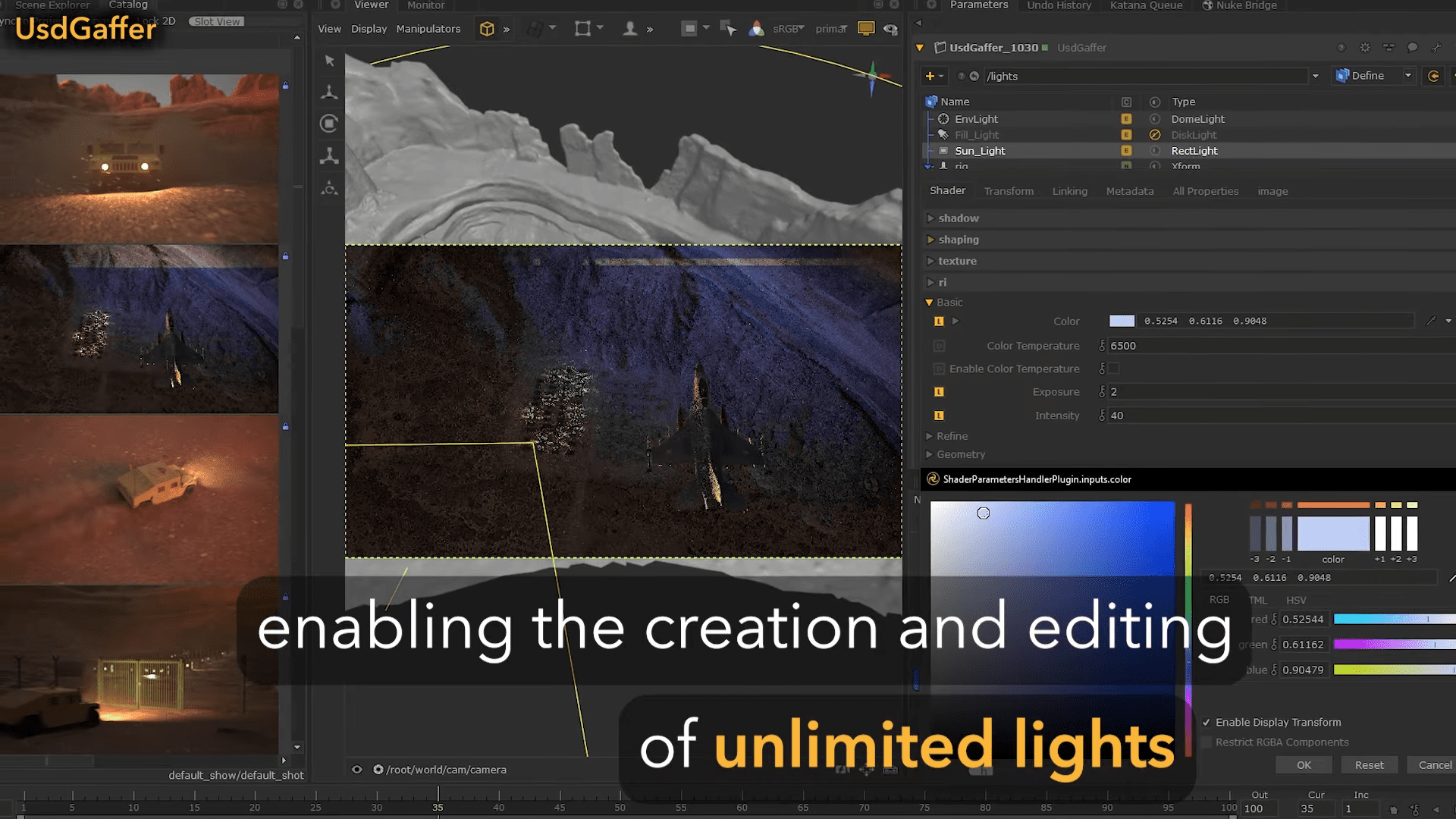 a computer screen displaying a 3d modeling software interface showcasing lighting effects in a scene the left side features images of a landscape and a vehicle while the right side shows settings for creating lights with color and intensity options digital production A computer screen displaying a 3D modeling software interface, showcasing lighting effects in a scene. The left side features images of a landscape and a vehicle, while the right side shows settings for creating lights with color and intensity options.