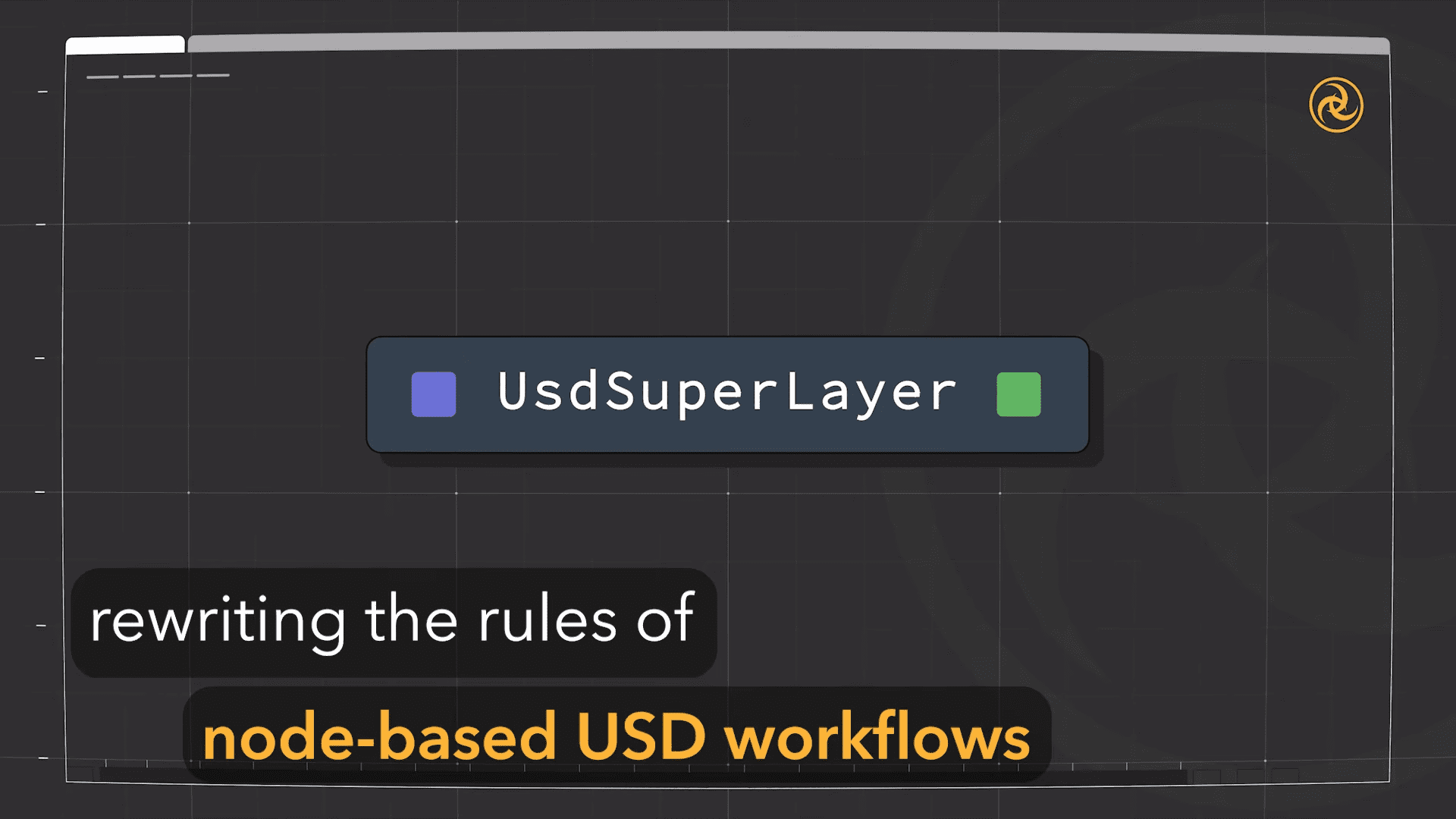 graphic featuring a digital interface with the text usdsuperlayer in a blue and green box below the phrase rewriting the rules of nodebased usd workflows appears in bold yellow font against a black background digital production Graphic featuring a digital interface with the text 'UsdSuperLayer' in a blue and green box. Below, the phrase 'rewriting the rules of node-based USD workflows' appears in bold yellow font against a black background.
