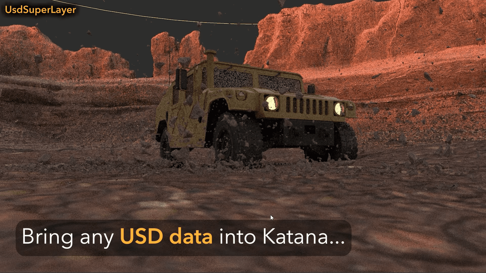 a 3drendered yellow offroad vehicle a hummer driving through a rugged environment with rocky red terrain accompanied by text promoting usd data integration into katana digital production A 3D-rendered yellow off-road vehicle, a Hummer, driving through a rugged environment with rocky red terrain, accompanied by text promoting USD data integration into Katana.