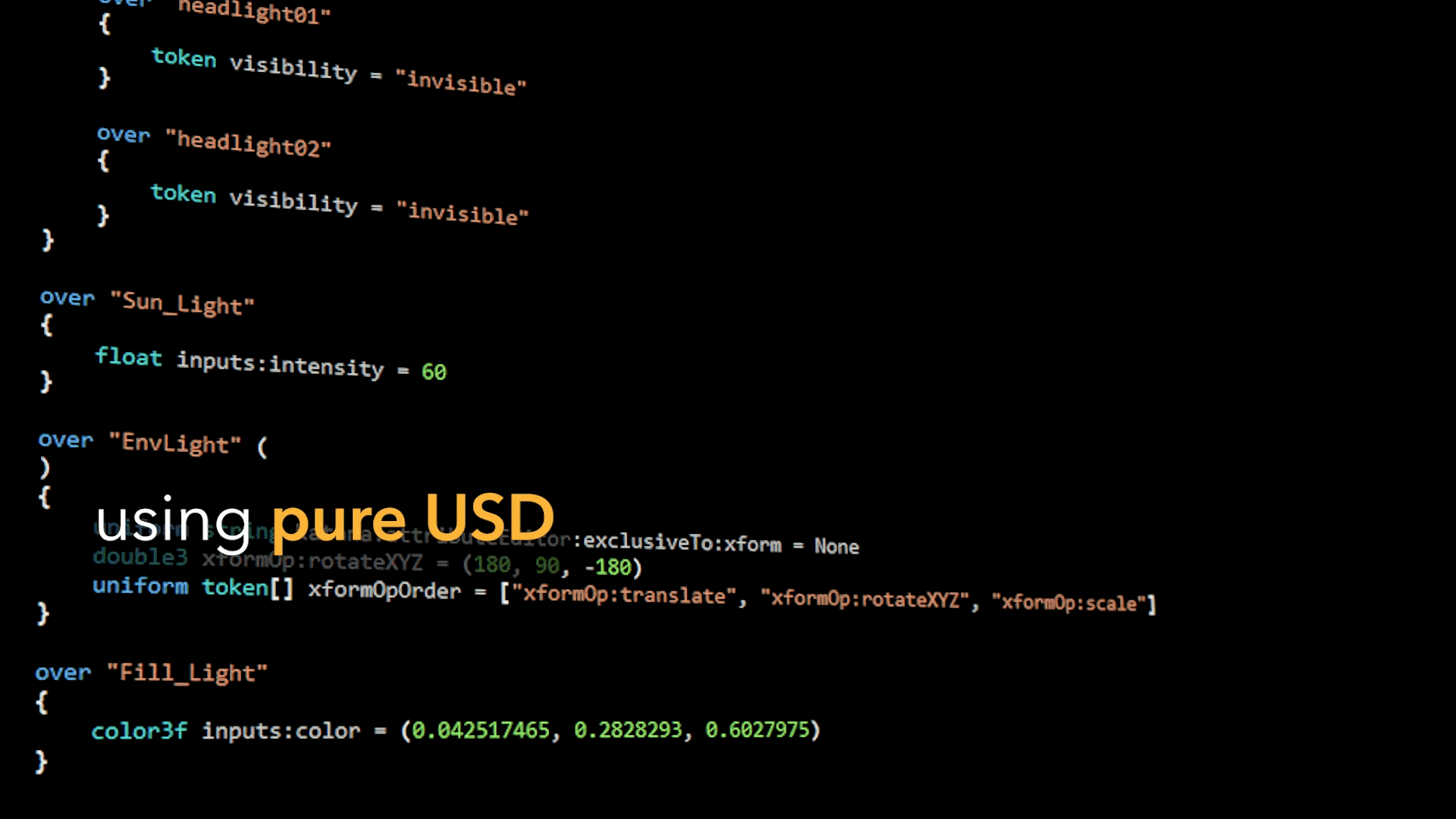a closeup view of a code snippet on a black background displaying programming syntax the code includes various functions and parameters such as sunlight and filllight with specific float values and tokens related to visibility and color inputs digital production A close-up view of a code snippet on a black background displaying programming syntax. The code includes various functions and parameters, such as 'Sun_Light' and 'Fill_Light', with specific float values and tokens related to visibility and color inputs.