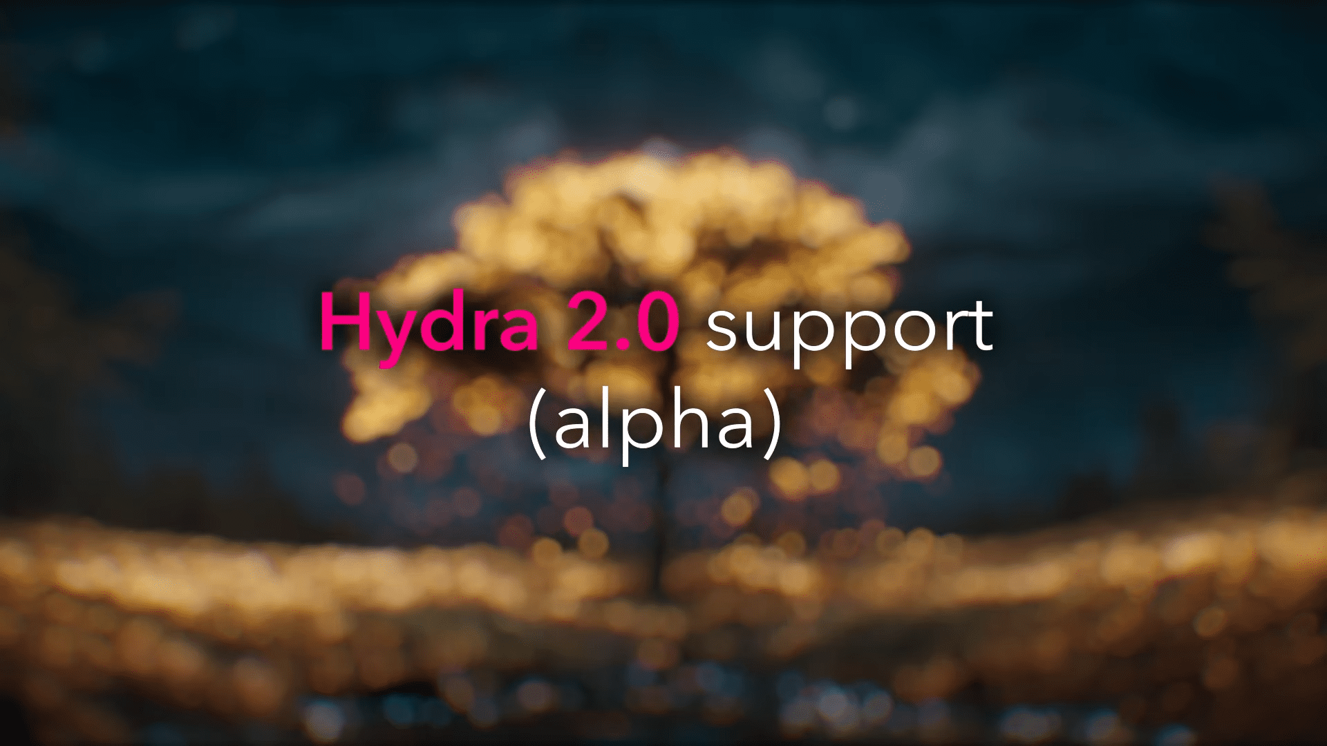 a blurred night scene featuring a glowing tree with shimmering lights overlayed with the text hydra 20 support alpha in white and pink lettering digital production A blurred night scene featuring a glowing tree with shimmering lights, overlayed with the text 'Hydra 2.0 support (alpha)' in white and pink lettering.