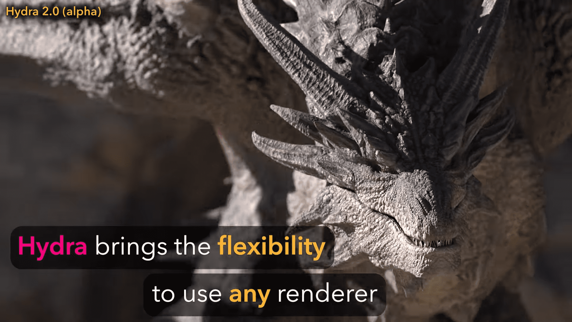 a closeup of a detailed dragon sculpture with textured scales and spiky features set against a blurred background text overlays highlight the flexibility of hydra 20 for using any renderer digital production A close-up of a detailed dragon sculpture with textured scales and spiky features, set against a blurred background. Text overlays highlight the flexibility of Hydra 2.0 for using any renderer.