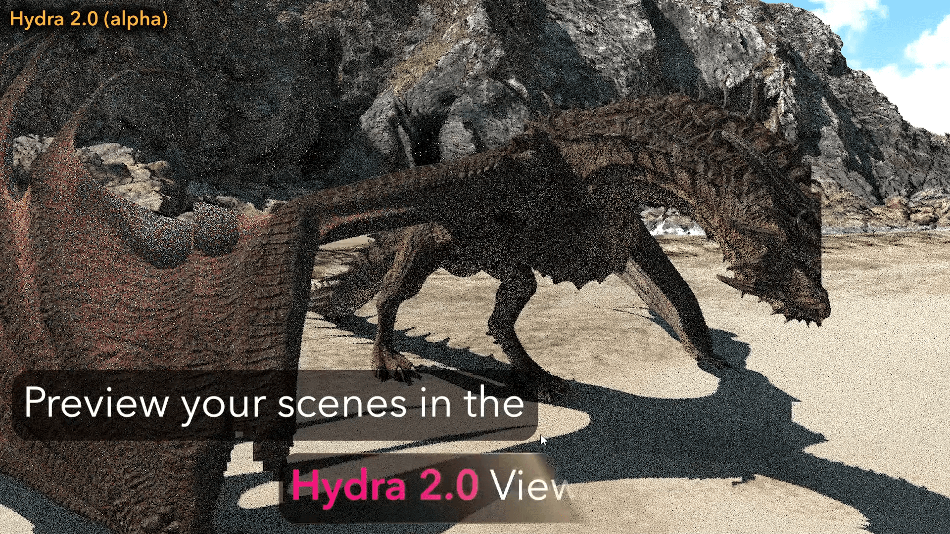 a large detailed dragon with textured scales standing on a sandy beach surrounded by rocky cliffs under a bright blue sky the dragons wings are partially spread showcasing intricate patterns text overlay indicates its a preview for hydra 20 digital production A large, detailed dragon with textured scales standing on a sandy beach, surrounded by rocky cliffs under a bright blue sky. The dragon's wings are partially spread, showcasing intricate patterns. Text overlay indicates it's a preview for Hydra 2.0.