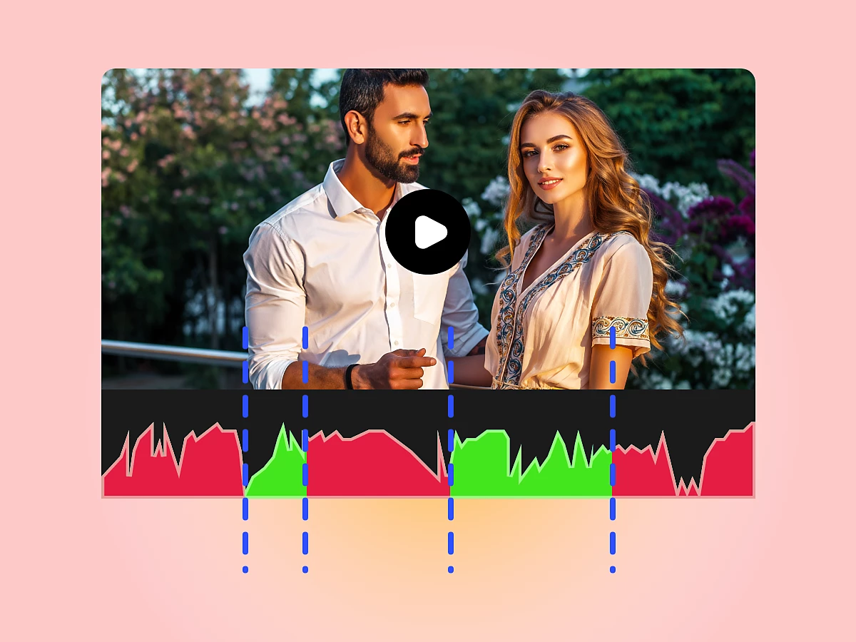 a man and a woman stand close together outdoors surrounded by blooming flowers the man wearing a white shirt gazes at the woman who has long flowing hair and is dressed in a patterned blouse below them is a colorful audio waveform graphic digital production https://helpx-prod.scene7.com/is/image/HelpxProdLoc/quick-cut-overview-audio-analysis-firefly-12?$png$&jpegSize=200&wid=1200