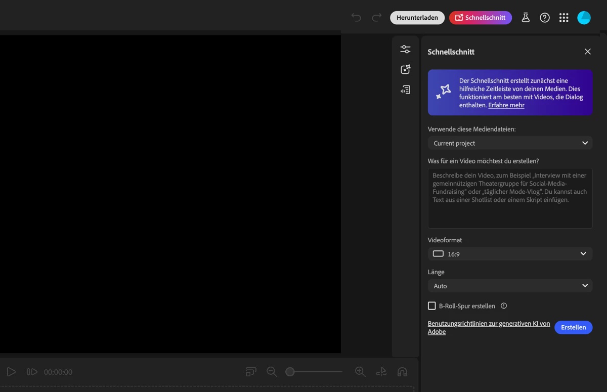 a dark interface of a video editing software showing various options on the right sidebar the sidebar includes settings for video dimensions autolength and a project section while the main part of the screen is blank digital production https://helpx-prod.scene7.com/is/image/HelpxProdLoc/quick-cut-overview-firefly-02-12?$pjpeg$&jpegSize=200&wid=1200