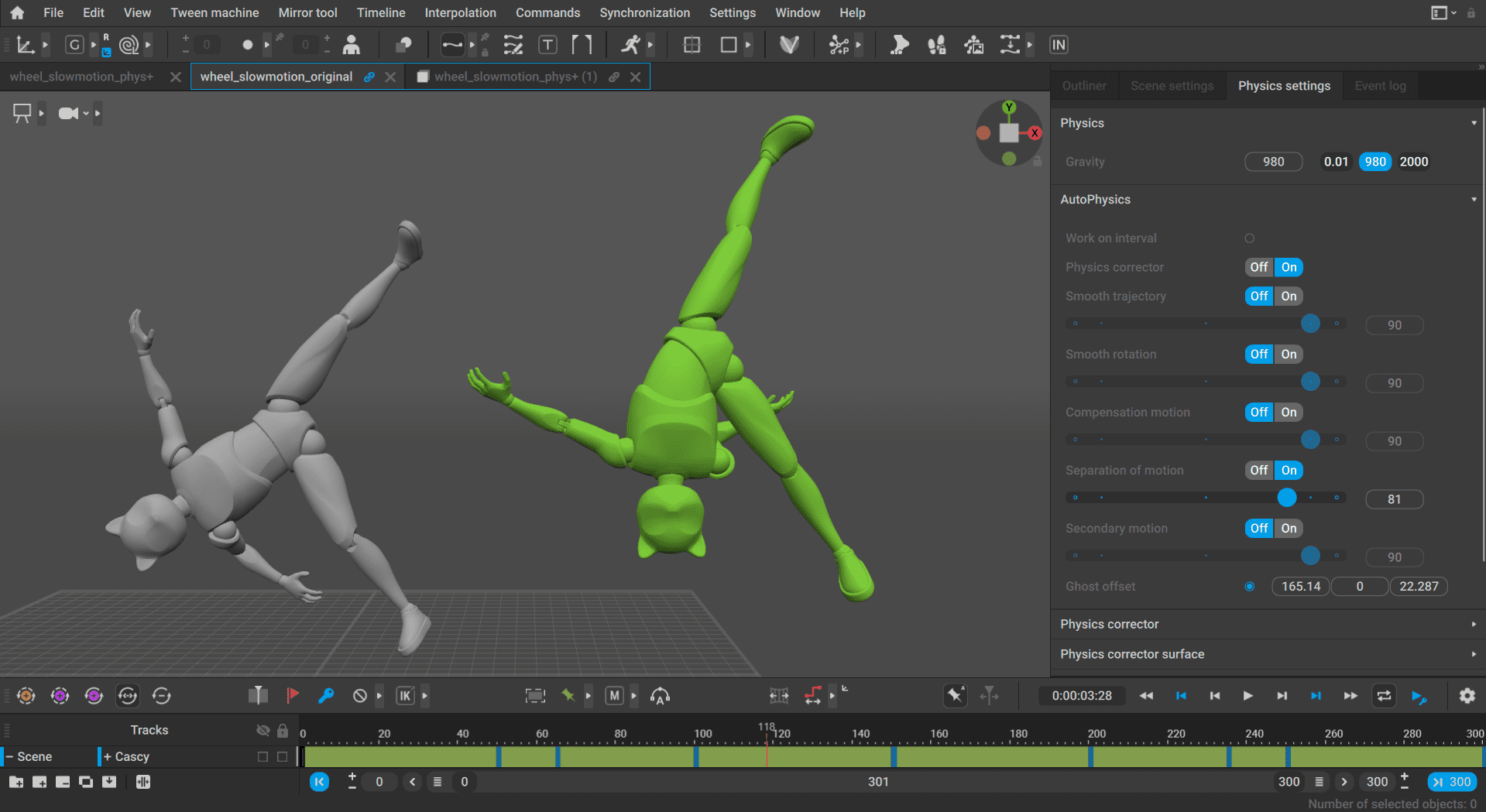 a digital workspace displaying a 3d animation software interface on the left a gray model is in a dynamic pose while on the right a green model mirrors the pose the physics settings panel is visible on the right side of the screen digital production A digital workspace displaying a 3D animation software interface. On the left, a gray model is in a dynamic pose, while on the right, a green model mirrors the pose. The physics settings panel is visible on the right side of the screen.