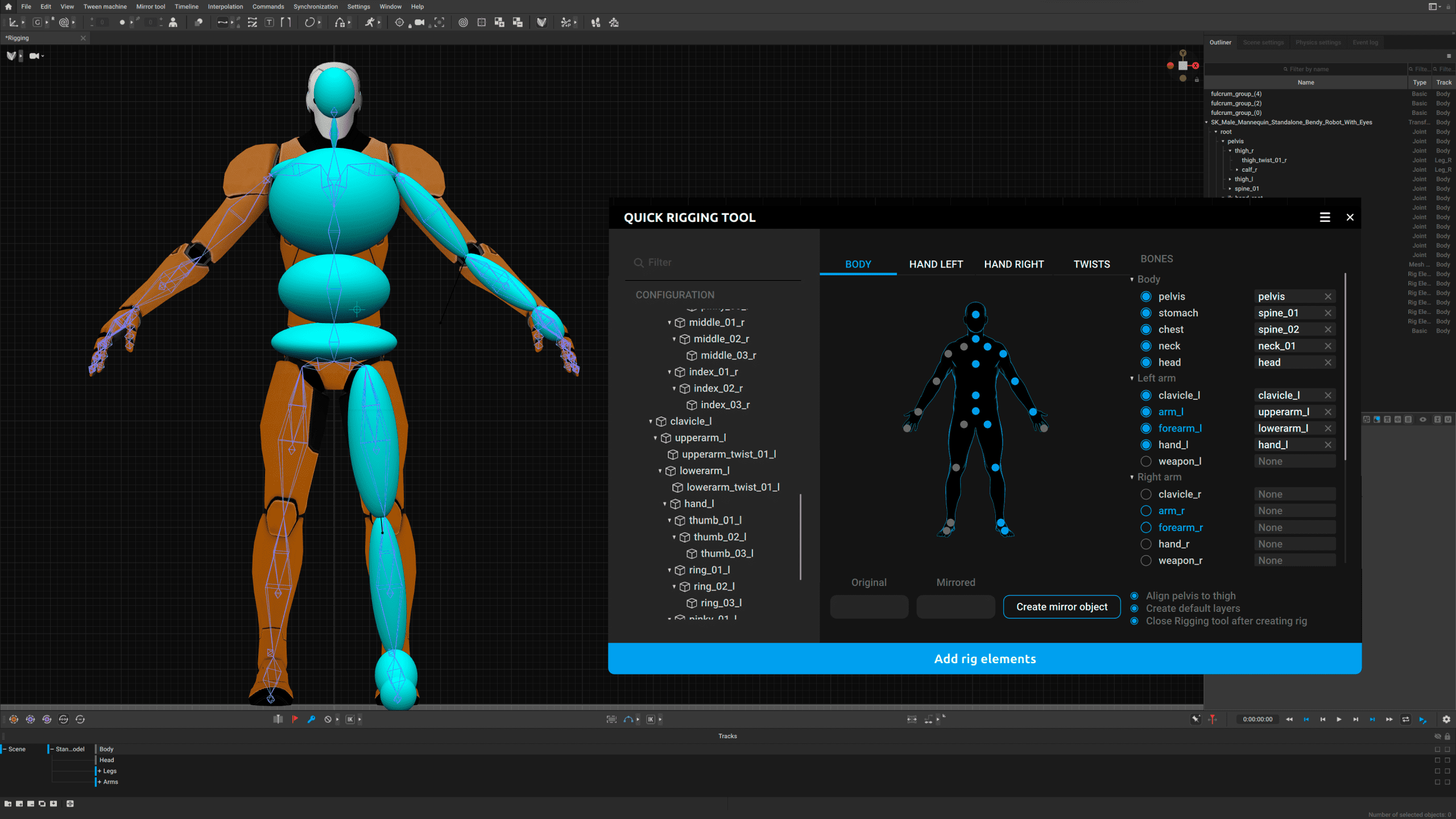 a 3d modeling software interface displaying a stylized humanoid model in orange and cyan the right panel features a quick rigging tool with options for body parts including a list of rig elements and buttons for adjustments digital production A 3D modeling software interface displaying a stylized humanoid model in orange and cyan. The right panel features a 'Quick Rigging Tool' with options for body parts, including a list of rig elements and buttons for adjustments.