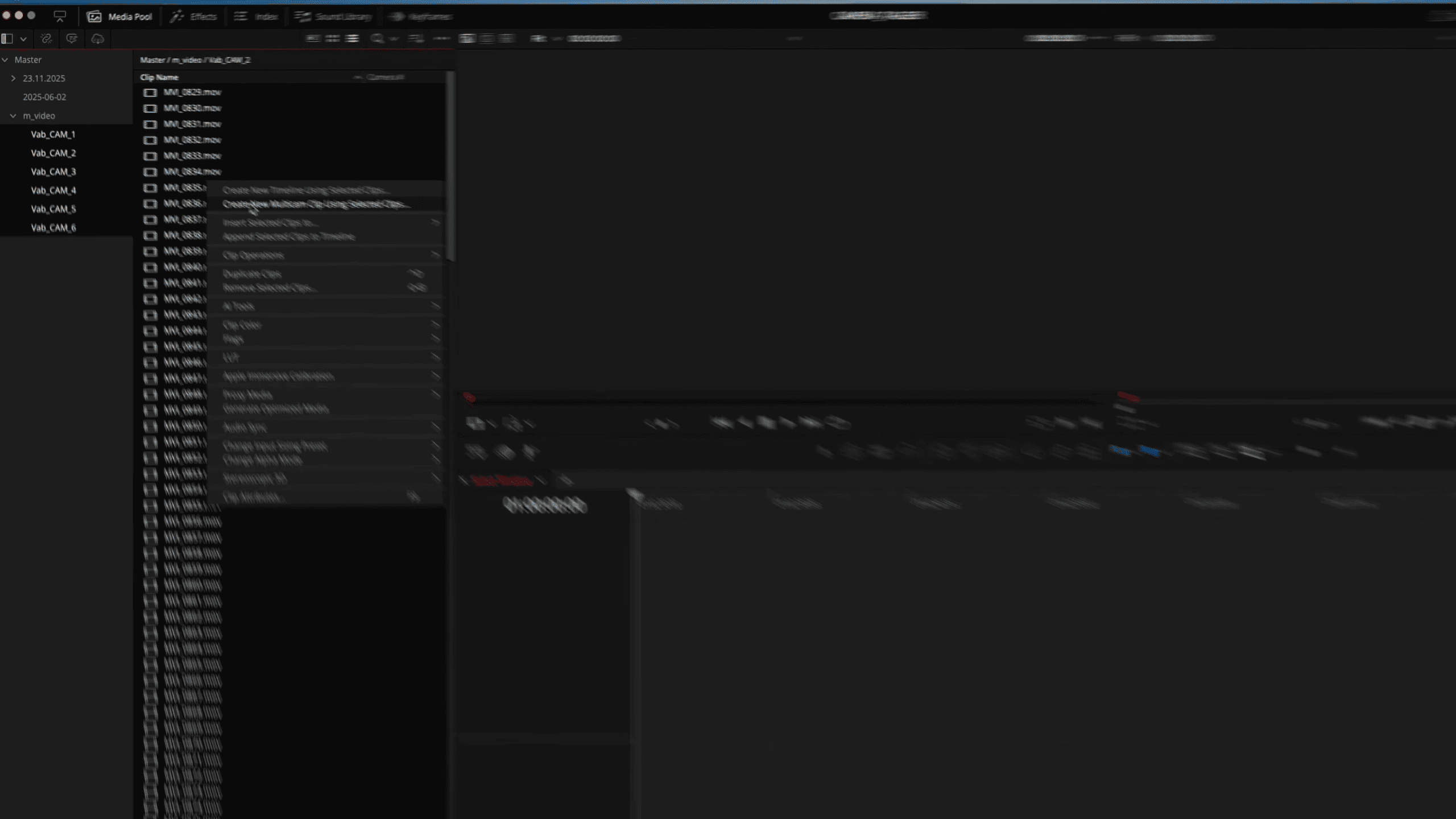 an animated interface of a video editing software displaying a darkthemed layout with various panels including a project library on the left and a main editing workspace on the right featuring blurred text and controls digital production An animated interface of a video editing software displaying a dark-themed layout with various panels, including a project library on the left and a main editing workspace on the right, featuring blurred text and controls.