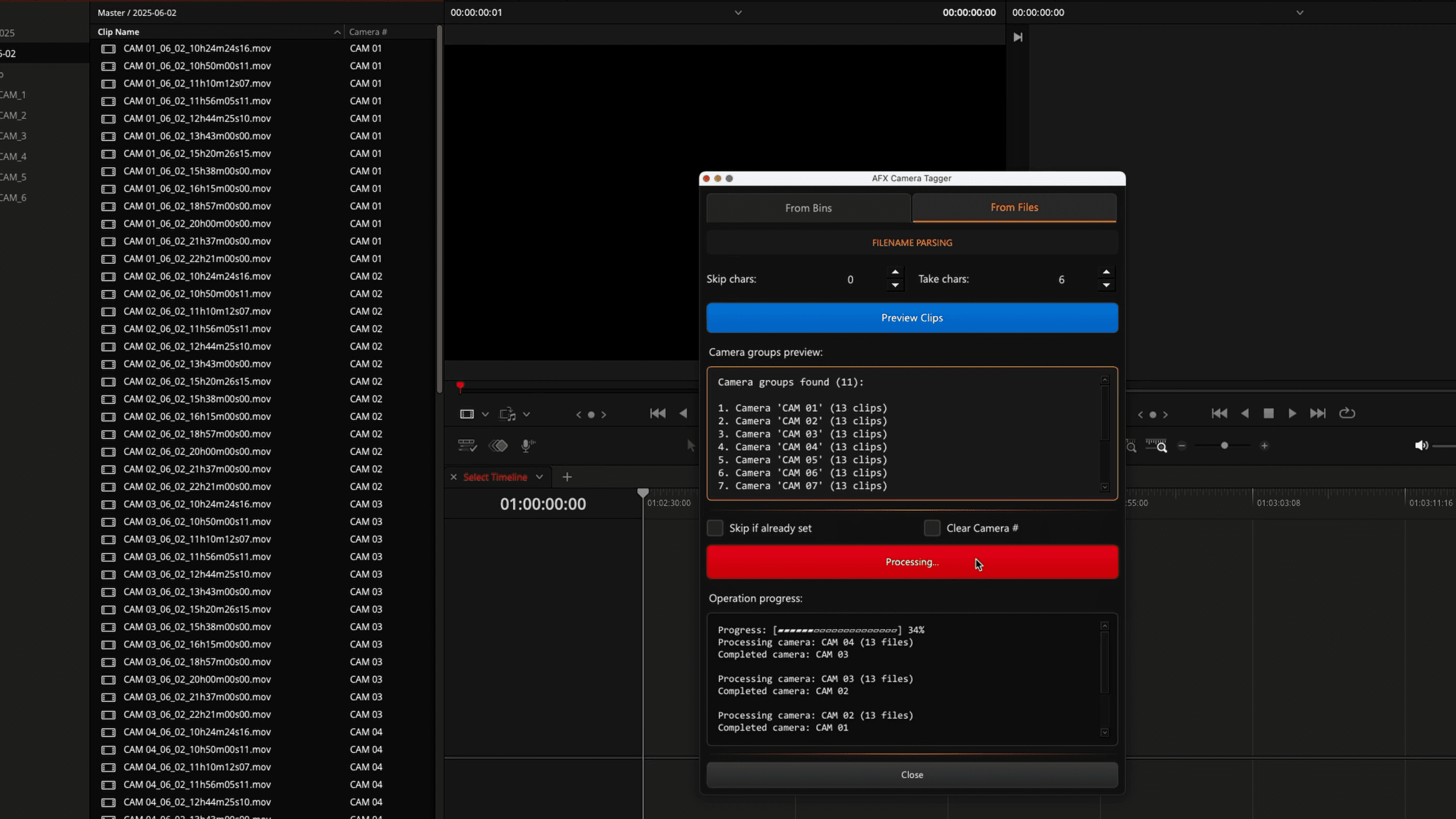 a video editing software interface displaying a list of media files on the left side an empty preview screen in the center and a processing window on the right the processing window shows camera group details and operation progress digital production A video editing software interface displaying a list of media files on the left side, an empty preview screen in the center, and a processing window on the right. The processing window shows camera group details and operation progress.