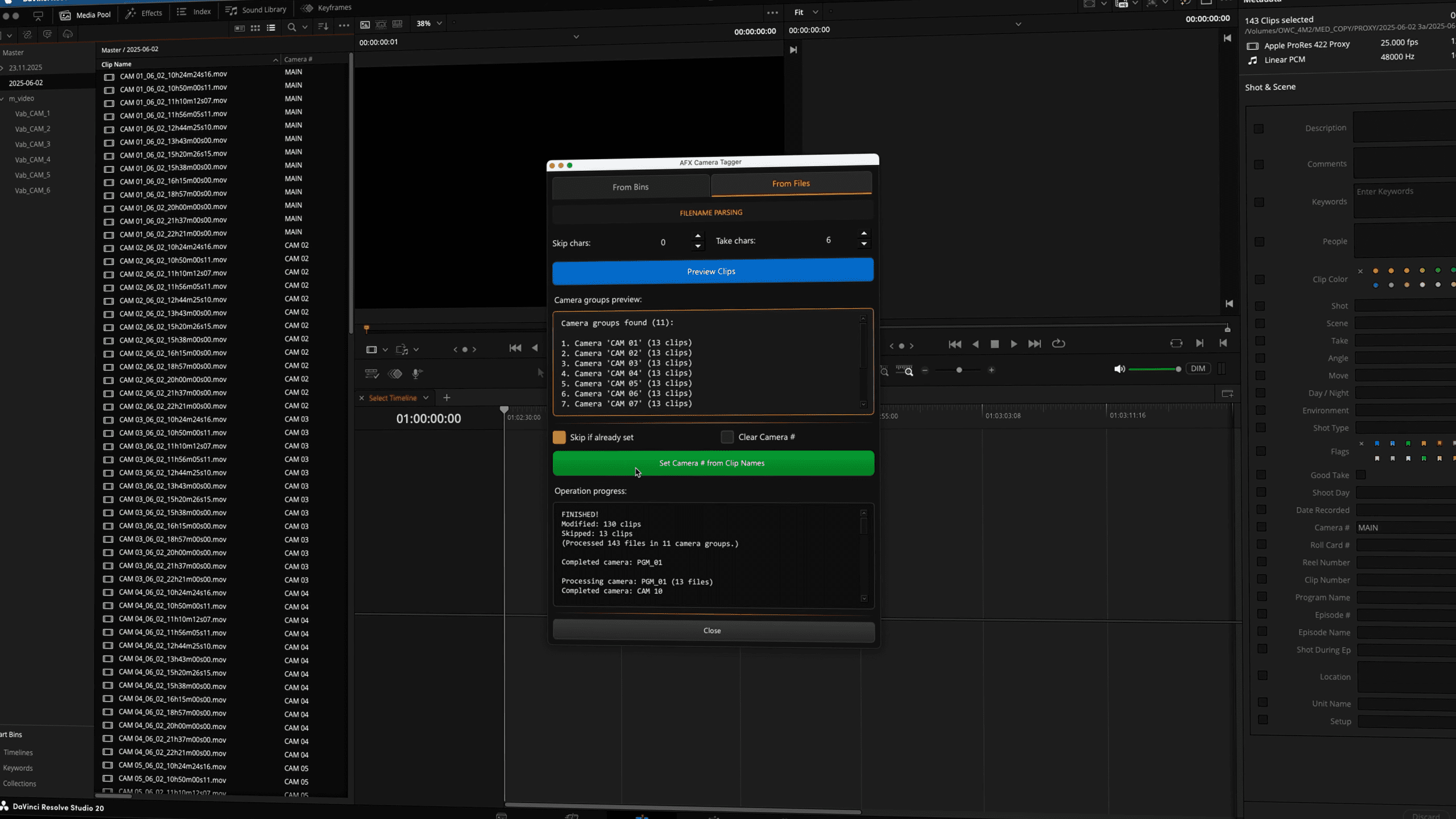 a darkthemed video editing software interface displaying a list of media files on the left side and a playback area in the center an overlay window shows processing details with blue and green buttons digital production A dark-themed video editing software interface displaying a list of media files on the left side and a playback area in the center. An overlay window shows processing details with blue and green buttons.