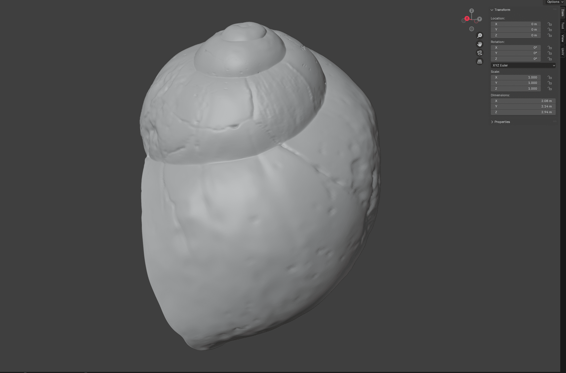 a 3d model of a spiral seashell rendered in a light gray color showcasing a smooth rounded surface with detailed contours and ridges set against a dark gray background digital production A 3D model of a spiral seashell rendered in a light gray color, showcasing a smooth, rounded surface with detailed contours and ridges, set against a dark gray background.