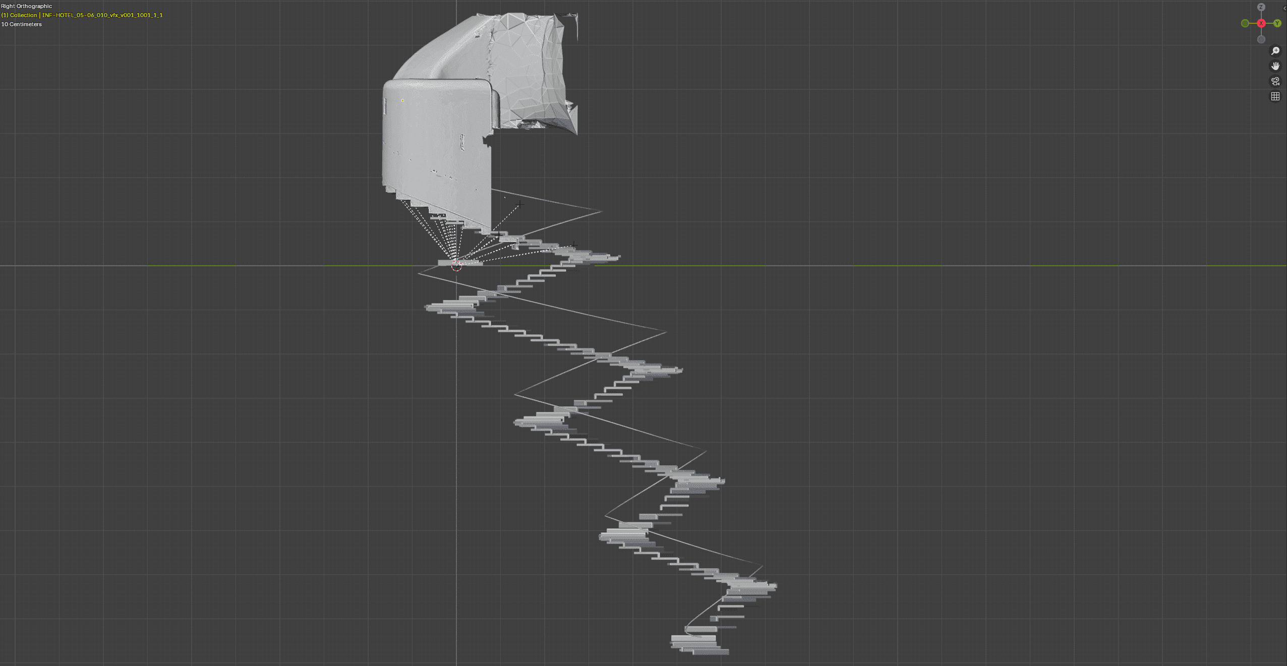 a 3d model of a structure resembling a staircase with zigzag patterns extending downward the top displays a rounded architectural element while the base features stairs in a series of linear steps set against a dark gridpatterned background digital production A 3D model of a structure resembling a staircase with zigzag patterns, extending downward. The top displays a rounded, architectural element, while the base features stairs in a series of linear steps, set against a dark, grid-patterned background.
