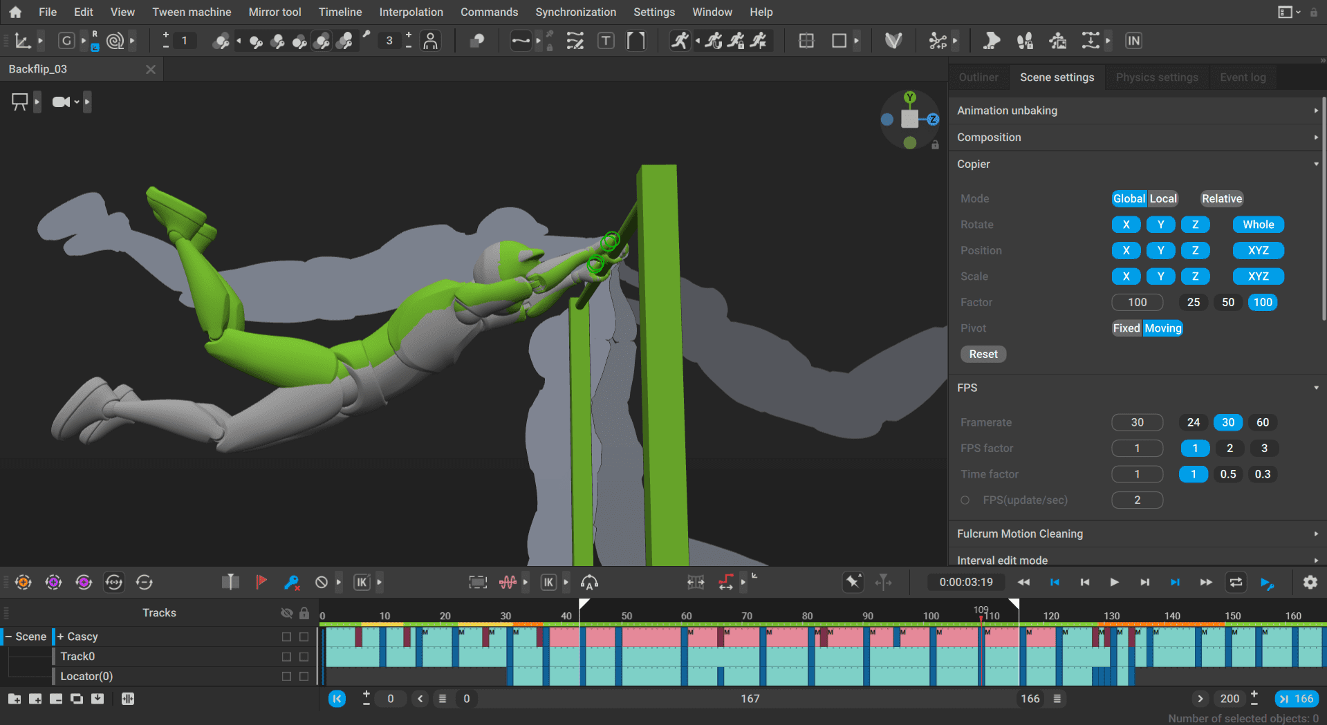 a 3d animation software interface displaying a green humanoid model performing a jumping action near a vertical pole on the right animation settings are visible including options for position and frame rate with a timeline at the bottom showing keyframes digital production A 3D animation software interface displaying a green humanoid model performing a jumping action near a vertical pole. On the right, animation settings are visible, including options for position and frame rate, with a timeline at the bottom showing keyframes.