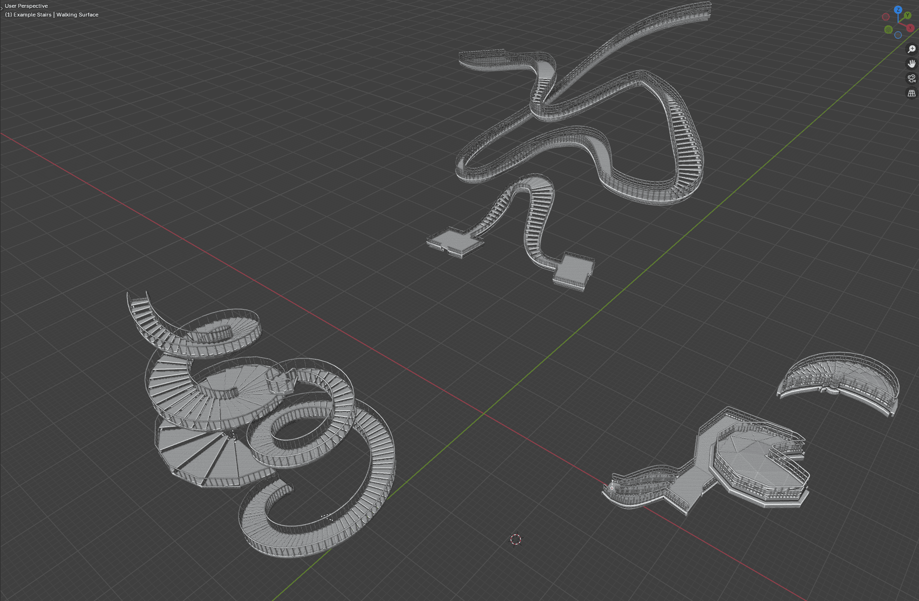 a digital 3d model showcasing various abstract staircase designs in a wireframe format set against a dark gray grid background the models include curved and spiral shapes with geometric bases and varying heights emphasizing their intricate structures digital production A digital 3D model showcasing various abstract staircase designs in a wireframe format, set against a dark gray grid background. The models include curved and spiral shapes, with geometric bases and varying heights, emphasizing their intricate structures.