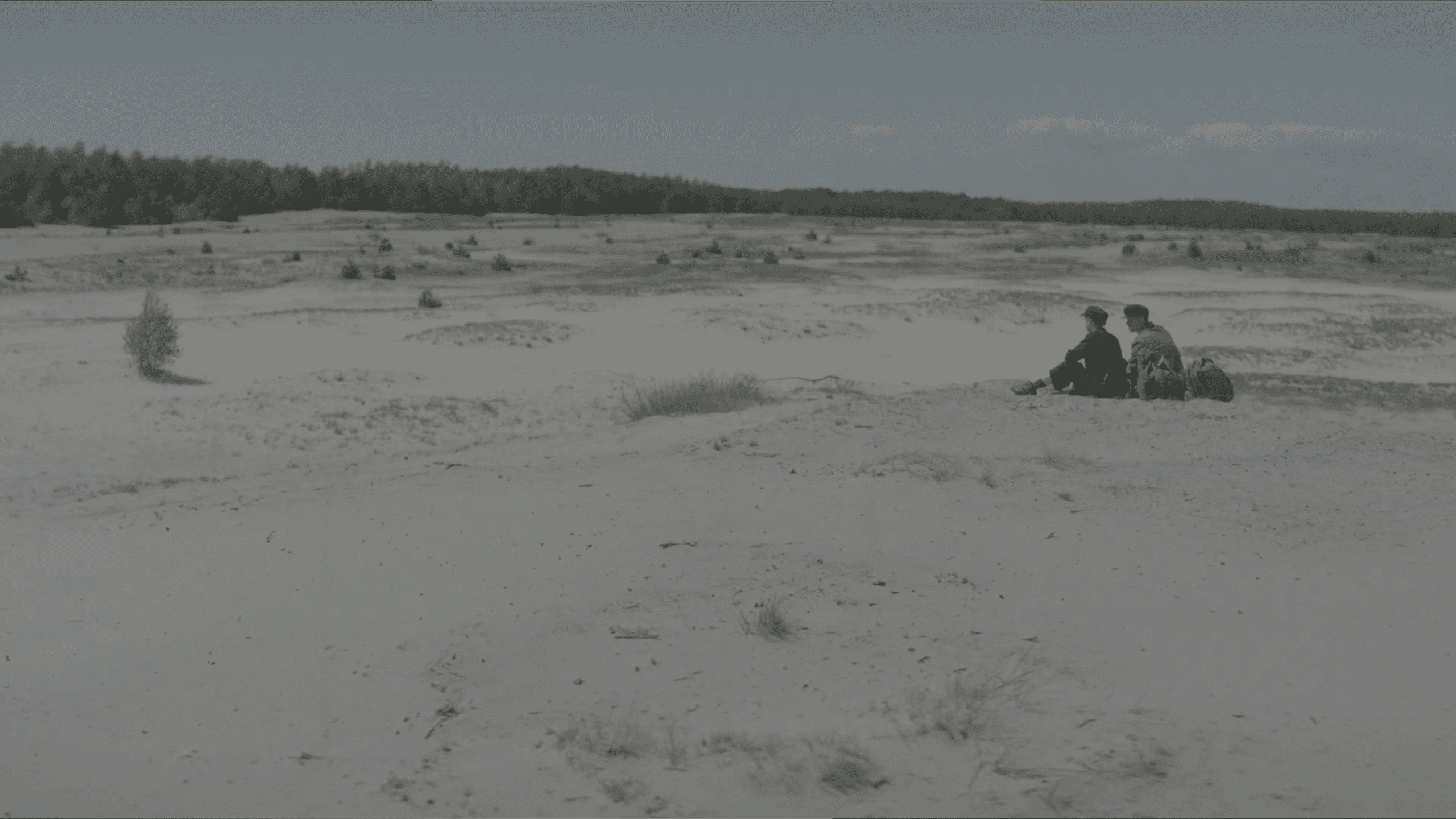 two figures sitting on a desolate sandy landscape looking out over a barren expanse sparse vegetation dots the pale ground with a distant tree line under a clear sky the scene conveys a sense of solitude and vastness digital production Two figures sitting on a desolate, sandy landscape, looking out over a barren expanse. Sparse vegetation dots the pale ground, with a distant tree line under a clear sky. The scene conveys a sense of solitude and vastness.