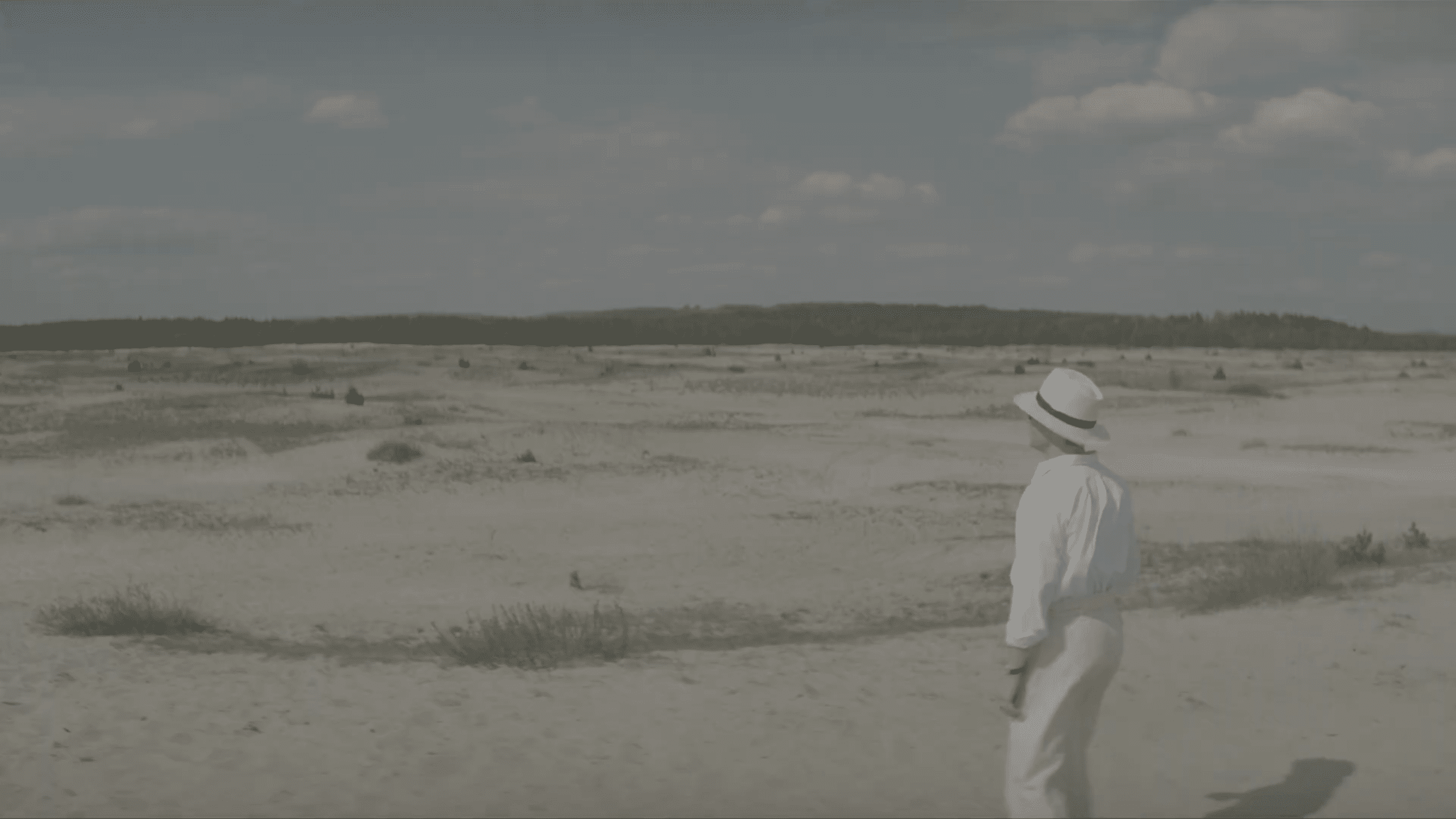 a person in white attire and a hat stands on a vast barren landscape under a cloudy sky looking toward a distant line of trees on the horizon the arid ground is cracked showcasing a desolate and empty environment digital production A person in white attire and a hat stands on a vast, barren landscape under a cloudy sky, looking toward a distant line of trees on the horizon. The arid ground is cracked, showcasing a desolate and empty environment.