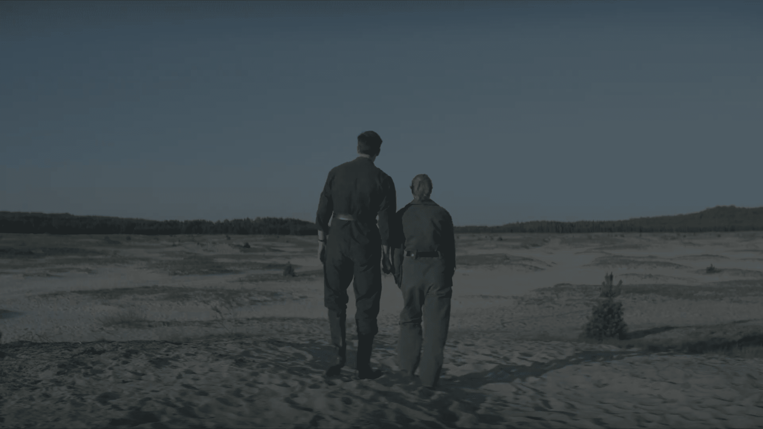 two figures walking hand in hand across a barren landscape with a desolate background of open ground and sparse vegetation under a muted sky digital production Two figures walking hand in hand across a barren landscape, with a desolate background of open ground and sparse vegetation under a muted sky.