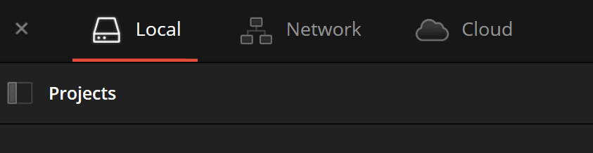 a user interface showing a sidebar with three tabs labeled local network and cloud the local tab is highlighted with a red underline while projects is listed as an option underneath digital production A user interface showing a sidebar with three tabs labeled 'Local,' 'Network,' and 'Cloud.' The 'Local' tab is highlighted with a red underline, while 'Projects' is listed as an option underneath.