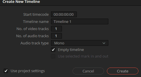 a software interface showing the create new timeline dialog box with fields for start timecode timeline name number of video and audio tracks audio type and options to create an empty timeline along with cancel and create buttons digital production A software interface showing the 'Create New Timeline' dialog box with fields for start timecode, timeline name, number of video and audio tracks, audio type, and options to create an empty timeline, along with 'Cancel' and 'Create' buttons.