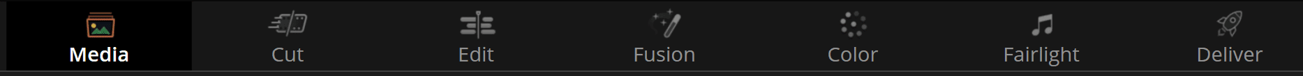 screenshot of a video editing software interface showing six icons labeled media cut edit fusion color fairlight and deliver arranged horizontally on a dark background digital production Screenshot of a video editing software interface showing six icons labeled Media, Cut, Edit, Fusion, Color, Fairlight, and Deliver, arranged horizontally on a dark background.