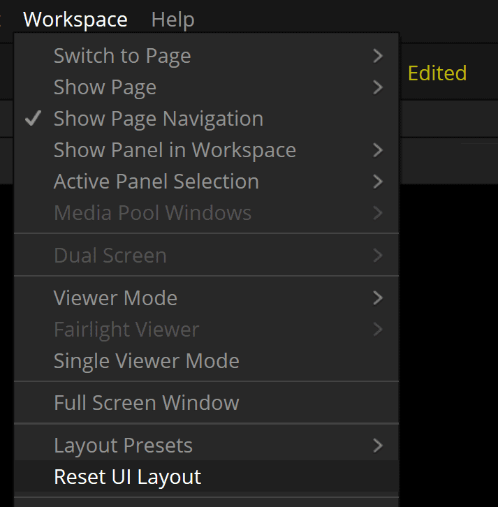 a dropdown menu displaying options related to workspace settings including switch to page show page show page navigation and reset ui layout against a dark background digital production A dropdown menu displaying options related to workspace settings, including 'Switch to Page', 'Show Page', 'Show Page Navigation', and 'Reset UI Layout', against a dark background.