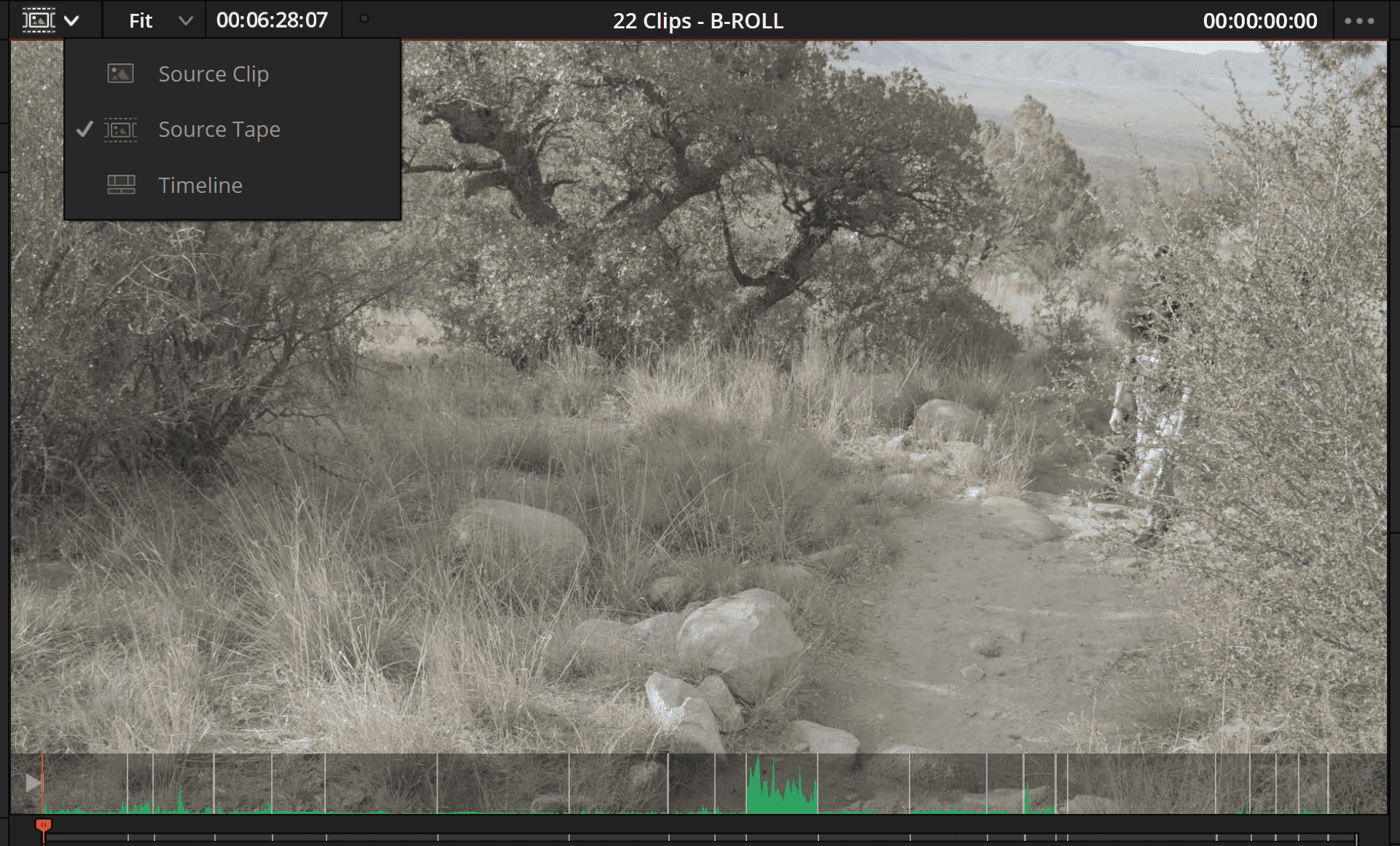 a video editing software interface showing a gravel path through a grassy area with shrubs and trees the timeline and other options are displayed on the left side of the screen with visual audio levels at the bottom digital production A video editing software interface showing a gravel path through a grassy area with shrubs and trees. The timeline and other options are displayed on the left side of the screen, with visual audio levels at the bottom.