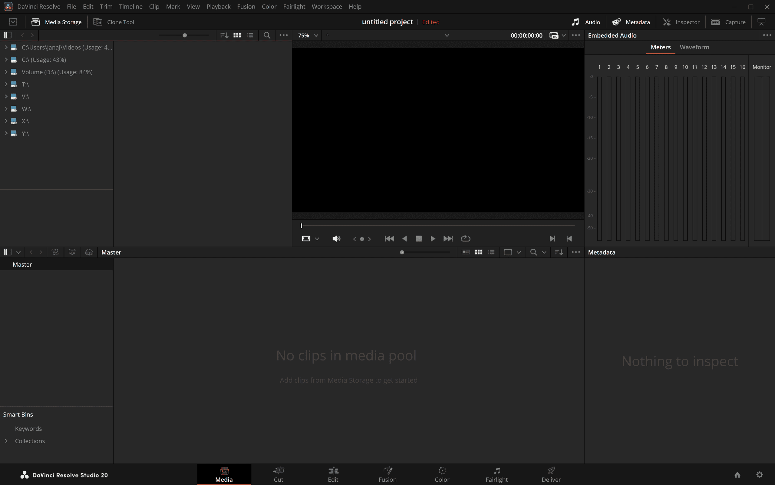 a screenshot of the davinci resolve video editing software interface displaying an untitled project the layout includes menu options an empty media pool and a black video preview area digital production A screenshot of the DaVinci Resolve video editing software interface, displaying an untitled project. The layout includes menu options, an empty media pool, and a black video preview area.