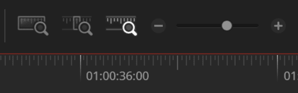 a closeup view of a video editing timeline displaying a dark interface key features include a timecode 01003600 zoom sliders and icons for search and scaling tools presented against a black background digital production A close-up view of a video editing timeline displaying a dark interface. Key features include a timecode (01:00:36:00), zoom sliders, and icons for search and scaling tools, presented against a black background.