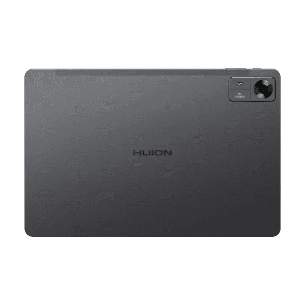 a sleek modern drawing tablet with a matte black finish featuring a camera on the upper corner and the brand logo huion centered on its back digital production A sleek, modern drawing tablet with a matte black finish, featuring a camera on the upper corner and the brand logo 'HUION' centered on its back.