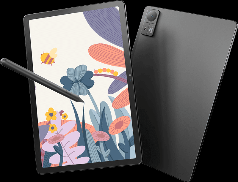 a tablet with a colorful floral illustration on the screen accompanied by a stylus the back of the tablet is sleek and black highlighting its modern design digital production A tablet with a colorful floral illustration on the screen, accompanied by a stylus. The back of the tablet is sleek and black, highlighting its modern design.