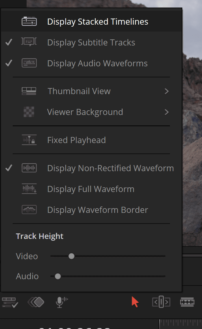 user interface of a video editing software showing options for timeline display settings features include checkboxes for audio waveforms and subtitle tracks options for thumbnail view and playhead adjustments plus sliders for track height adjustments digital production User interface of a video editing software showing options for timeline display settings. Features include checkboxes for audio waveforms and subtitle tracks, options for thumbnail view and playhead adjustments, plus sliders for track height adjustments.