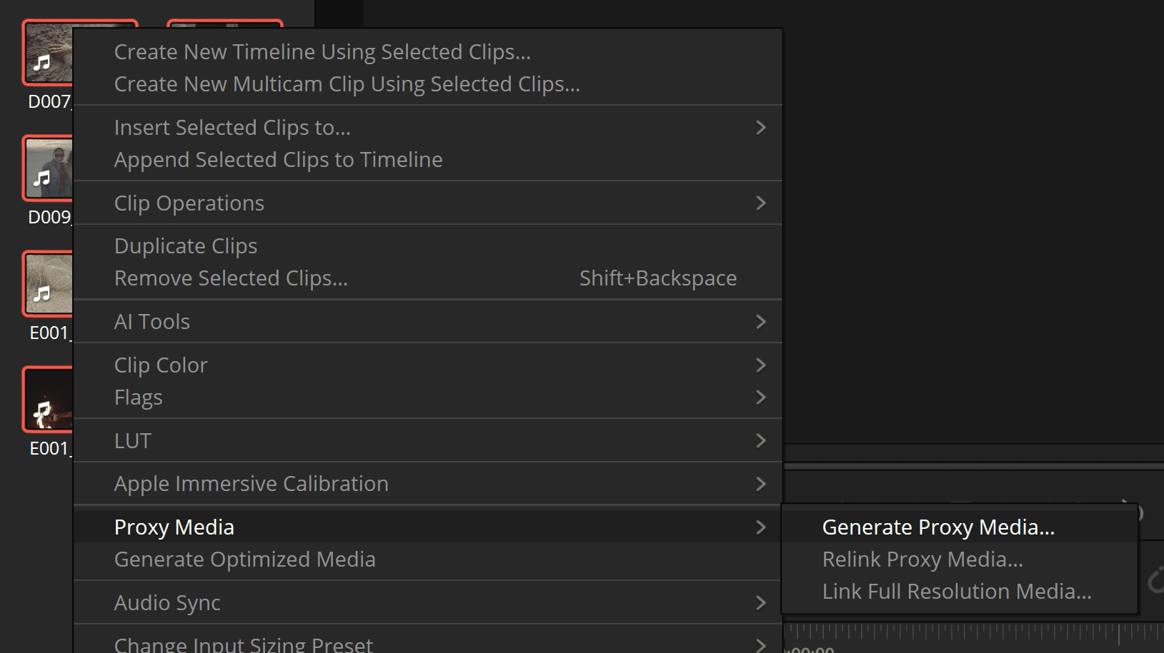 a screenshot of a video editing software dropdown menu displaying various options such as create new timeline using selected clips duplicate clips and generate proxy media set against a dark interface digital production A screenshot of a video editing software dropdown menu, displaying various options such as 'Create New Timeline Using Selected Clips,' 'Duplicate Clips,' and 'Generate Proxy Media,' set against a dark interface.