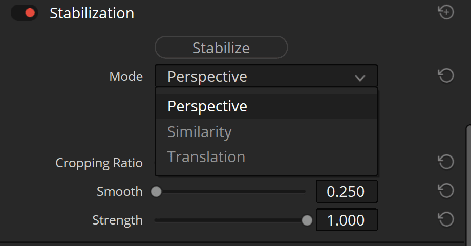 a screenshot of a stabilization settings menu featuring options for mode selection with three choices perspective similarity and translation slider controls for smooth at 0250 and strength at 1000 are visible digital production A screenshot of a stabilization settings menu featuring options for 'Mode' selection with three choices: Perspective, Similarity, and Translation. Slider controls for 'Smooth' at 0.250 and 'Strength' at 1.000 are visible.