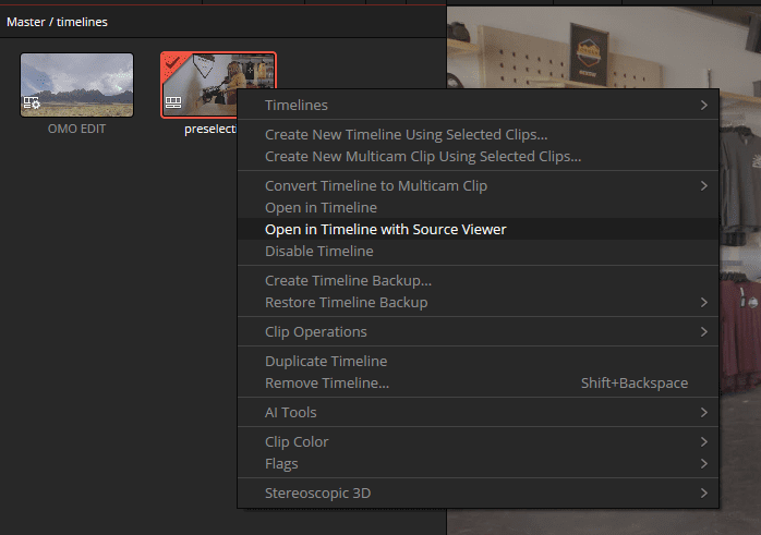 screenshot of a video editing software interface showing a menu with options related to timelines options include creating new timelines opening timelines and various clip operations the background displays a workspace with shelves and studio equipment digital production Screenshot of a video editing software interface showing a menu with options related to timelines. Options include creating new timelines, opening timelines, and various clip operations. The background displays a workspace with shelves and studio equipment.
