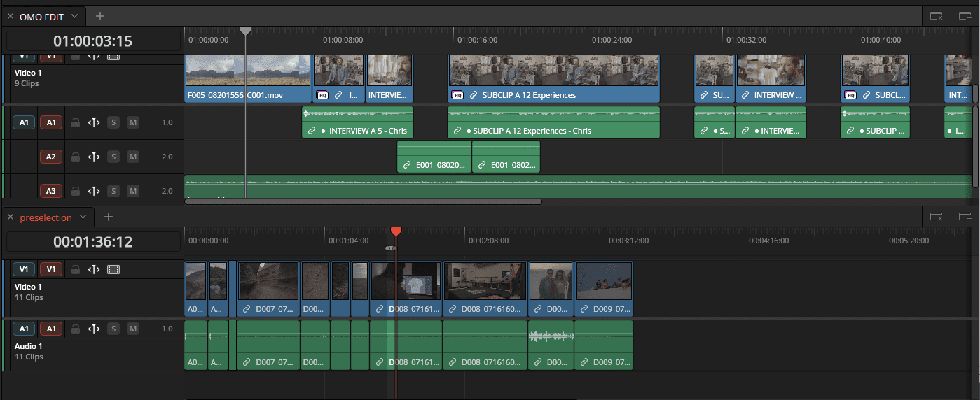 a screen capture of video editing software displaying a timeline with multiple video clips and audio tracks clips are organized in layers showing sections labeled interview and sequence the playhead is positioned in the timeline digital production A screen capture of video editing software displaying a timeline with multiple video clips and audio tracks. Clips are organized in layers, showing sections labeled "INTERVIEW" and "SEQUENCE." The playhead is positioned in the timeline.