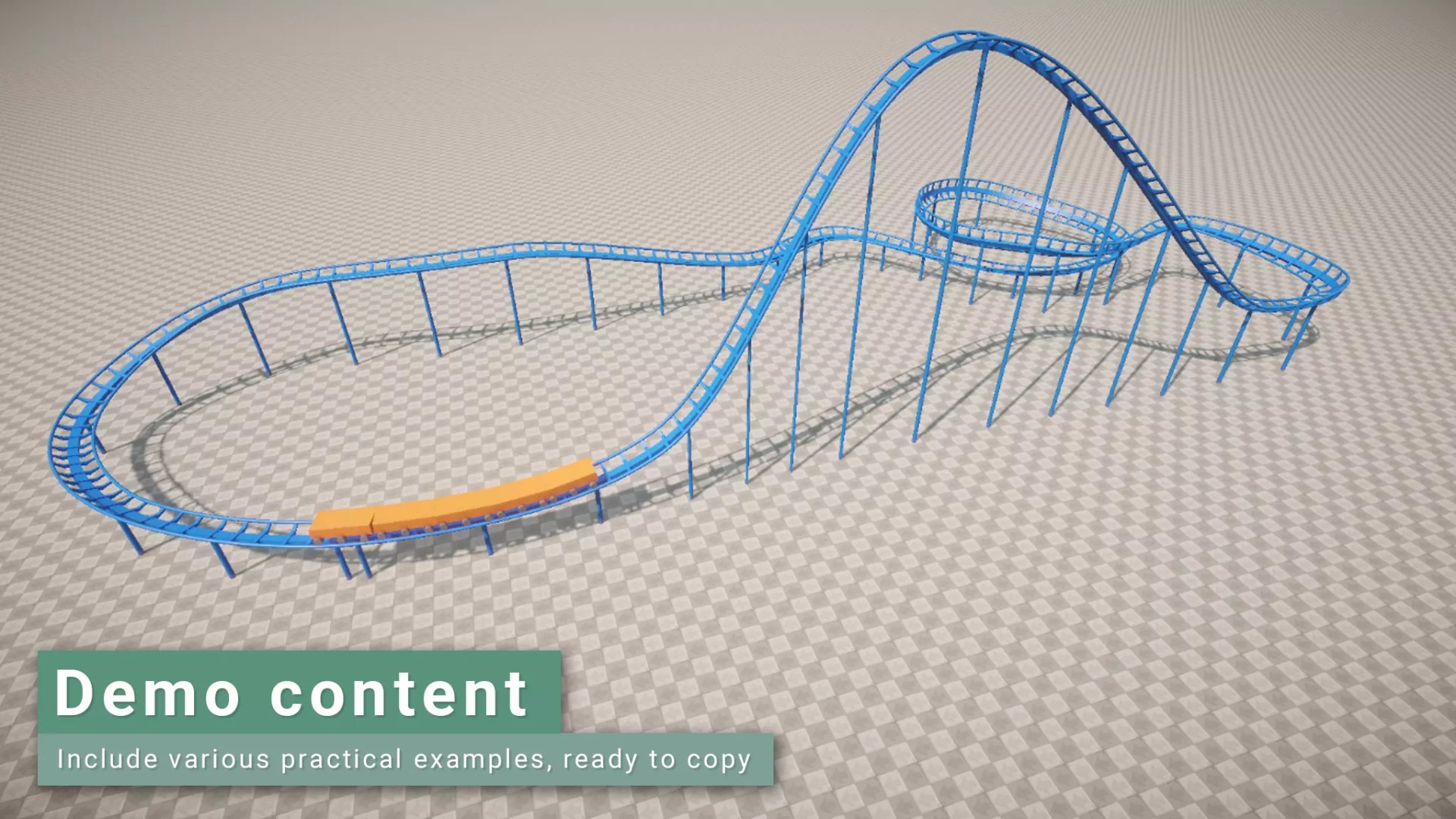 a digital rendering of a blue roller coaster with multiple loops and twists showcased on a gray grid background an orange car sits on the track while the lower corner features a green banner with the text demo content the overall scene highlights a fun amusement park attraction digital production A digital rendering of a blue roller coaster with multiple loops and twists, showcased on a gray grid background. An orange car sits on the track, while the lower corner features a green banner with the text 'Demo content'. The overall scene highlights a fun amusement park attraction.