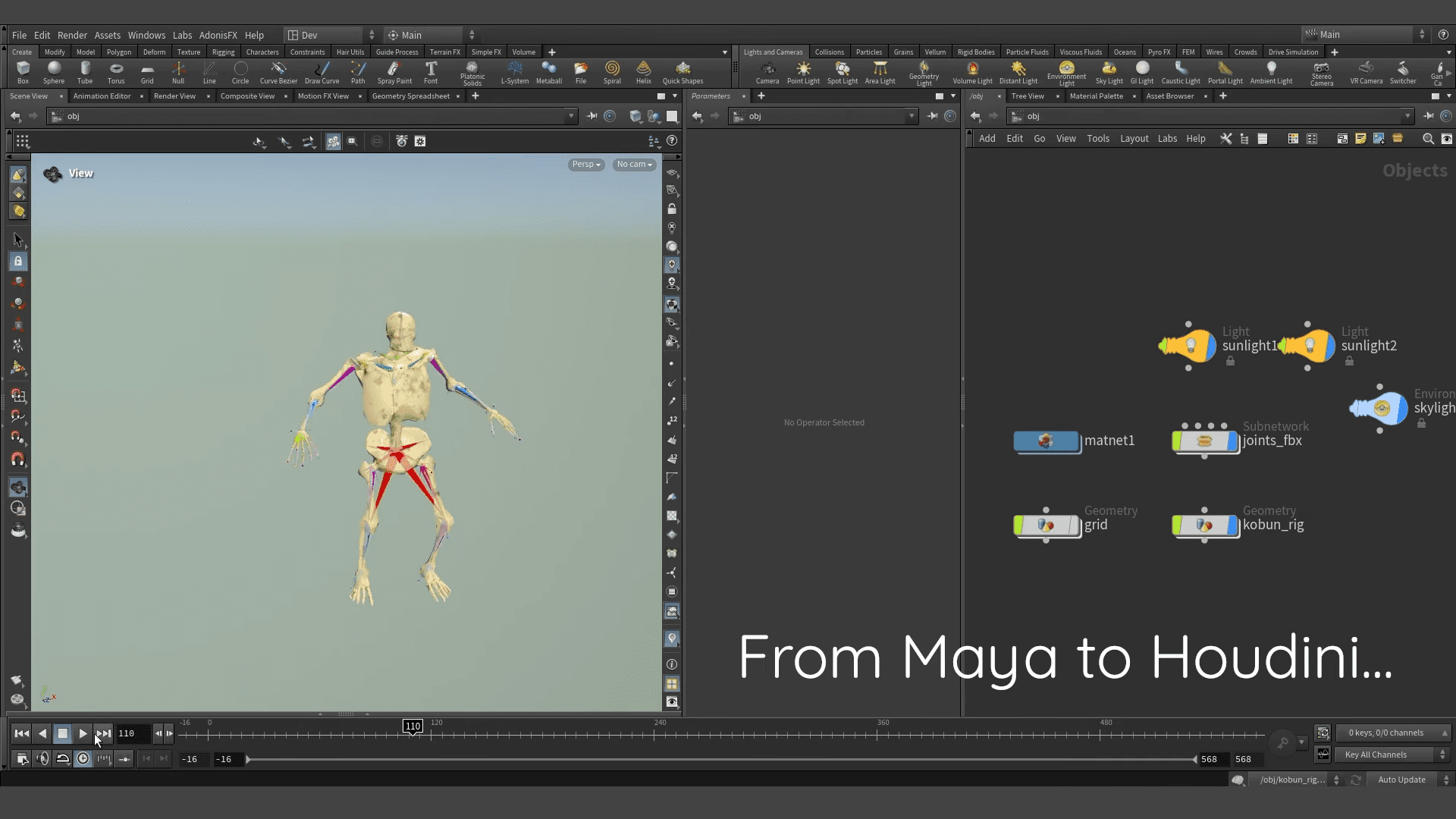 a 3d skeletal model displayed in a digital animation software interface on the left with colorful rigging lines on the right a nodebased setup diagram is visible showcasing a connection labeled from maya to houdini digital production A 3D skeletal model displayed in a digital animation software interface on the left, with colorful rigging lines. On the right, a node-based setup diagram is visible, showcasing a connection labeled 'From Maya to Houdini.'