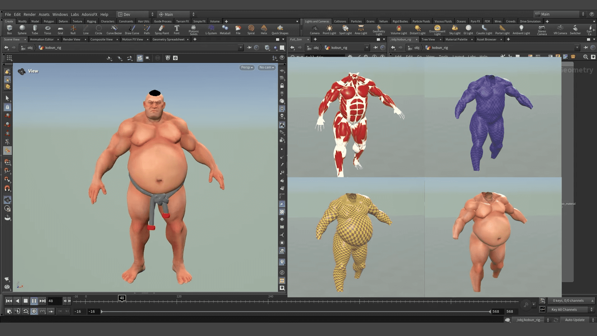 a digital character model displayed in a 3d software interface the character is a muscular overweight man shown in different views and with anatomical overlays in red and yellow the background is minimalist emphasizing the model digital production A digital character model displayed in a 3D software interface. The character is a muscular, overweight man, shown in different views and with anatomical overlays in red and yellow. The background is minimalist, emphasizing the model.