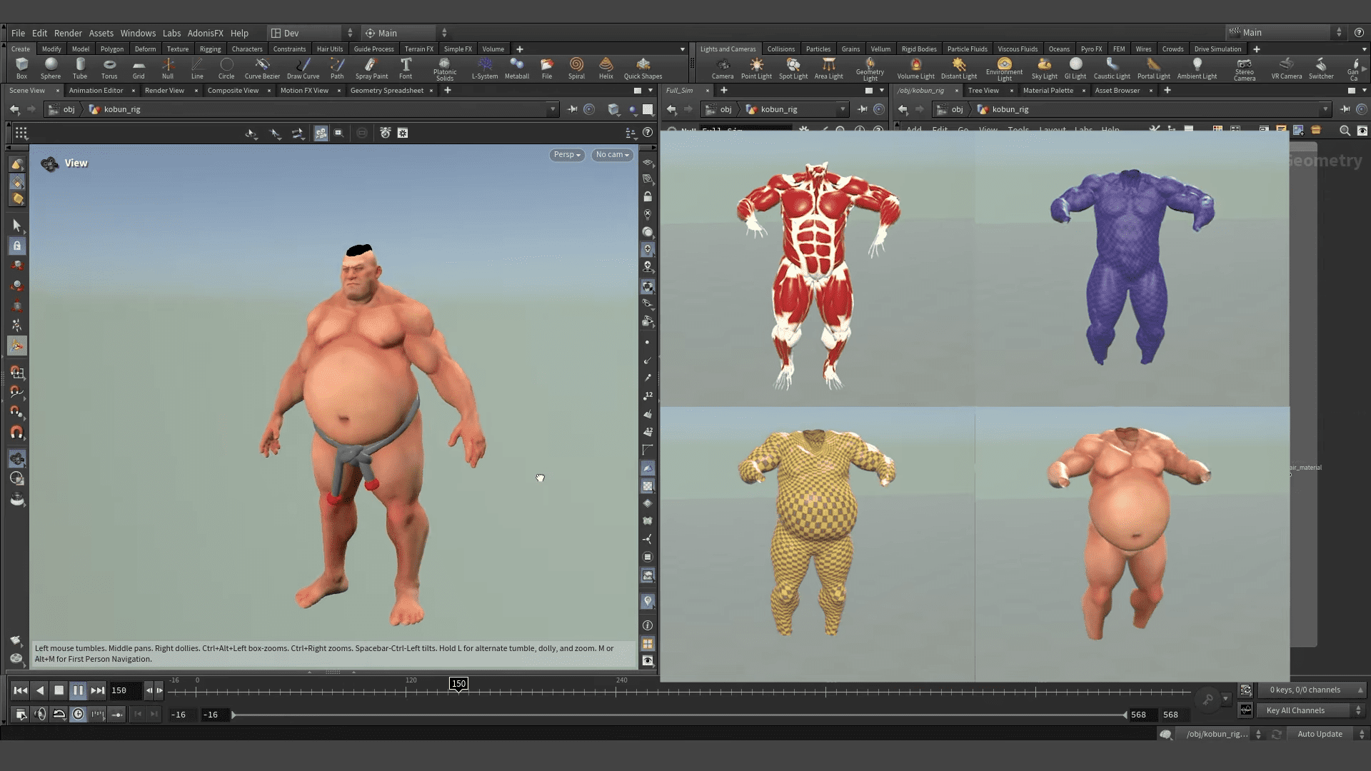 a 3d character model depicted as an overweight man shown in a light environment surrounding him are different texture samples and poses displayed in four quadrants on the right featuring various color designs and musculature digital production A 3D character model depicted as an overweight man, shown in a light environment. Surrounding him are different texture samples and poses displayed in four quadrants on the right, featuring various color designs and musculature.