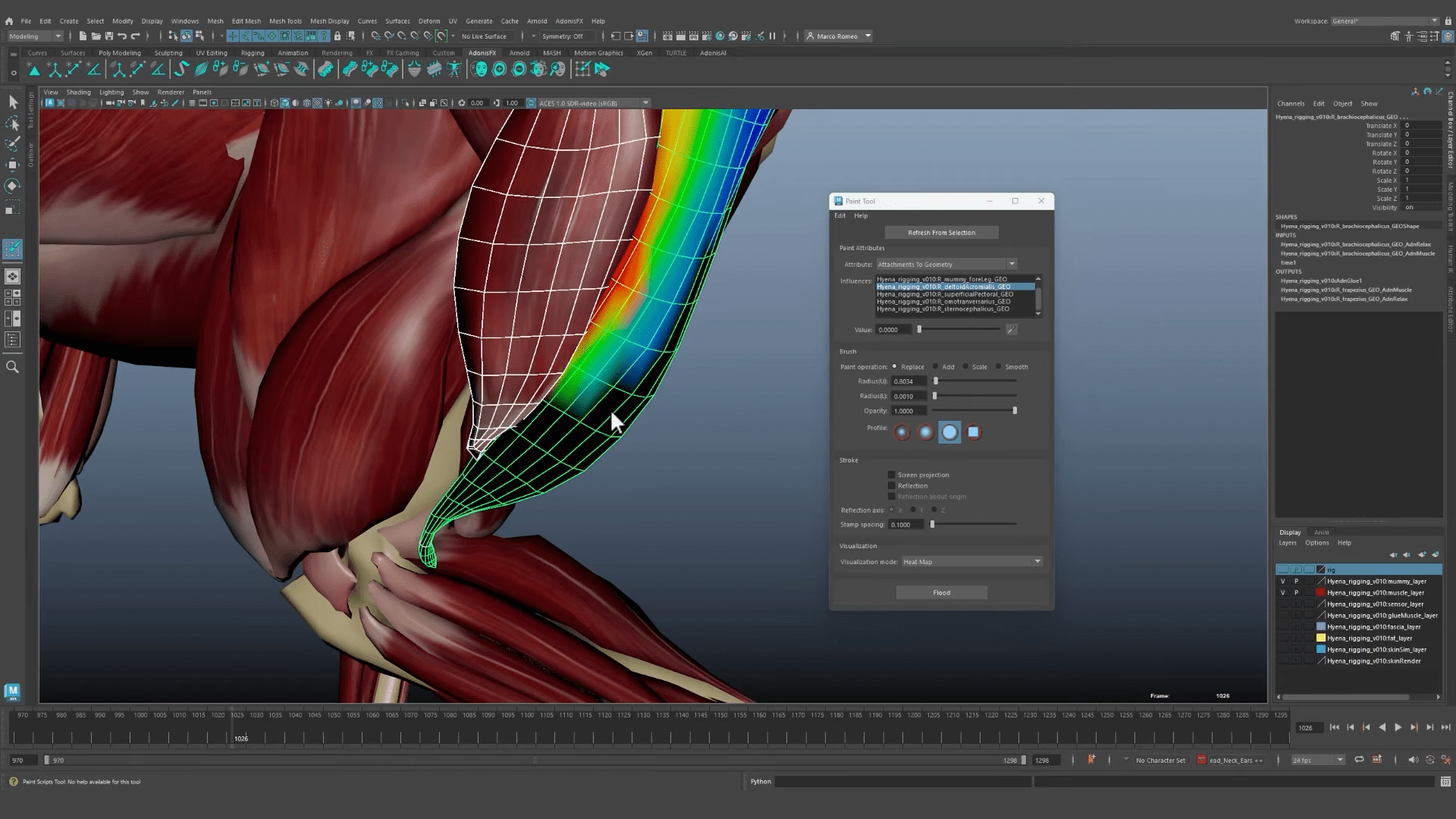a 3d modeling software interface displaying a detailed muscle structure with a grid overlay a color gradient runs along the model while a settings panel is open on the right side showcasing various configuration options digital production A 3D modeling software interface displaying a detailed muscle structure with a grid overlay. A color gradient runs along the model, while a settings panel is open on the right side, showcasing various configuration options.