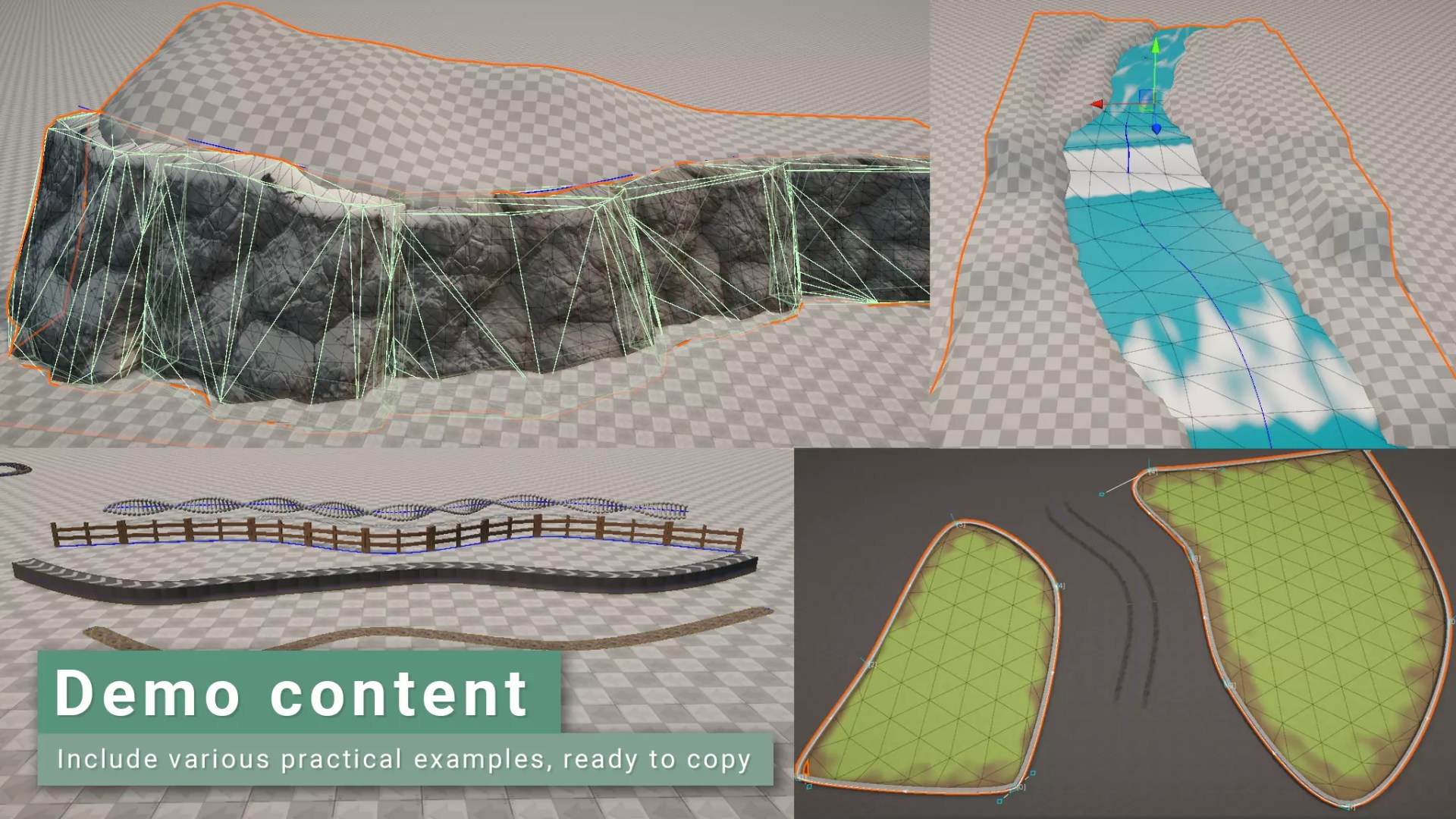 a composite image showcasing various 3d terrain models including a rocky cliff river fence and grassland the models are displayed with wireframe overlays emphasizing their structures and textures with text overlay stating demo content digital production A composite image showcasing various 3D terrain models including a rocky cliff, river, fence, and grassland. The models are displayed with wireframe overlays, emphasizing their structures and textures, with text overlay stating 'Demo content'.