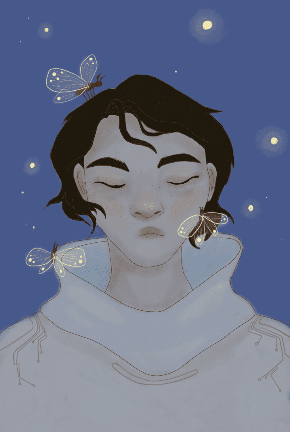 an illustrated portrait of a person with short dark hair eyes closed wearing a light hoodie butterflies with glowing outlines rest in their hair and around them set against a deep blue night sky dotted with faint stars digital production An illustrated portrait of a person with short dark hair, eyes closed, wearing a light hoodie. Butterflies with glowing outlines rest in their hair and around them, set against a deep blue night sky dotted with faint stars.