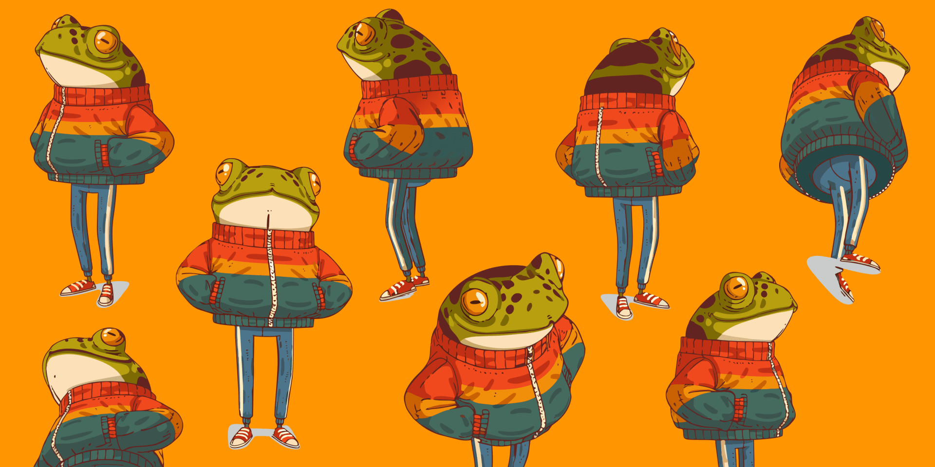 a colorful illustration of cartoon frogs wearing vibrant hoodies and casual outfits the frogs are depicted in various poses against a bright orange background showcasing their playful and stylish appearance digital production A colorful illustration of cartoon frogs wearing vibrant hoodies and casual outfits. The frogs are depicted in various poses against a bright orange background, showcasing their playful and stylish appearance.