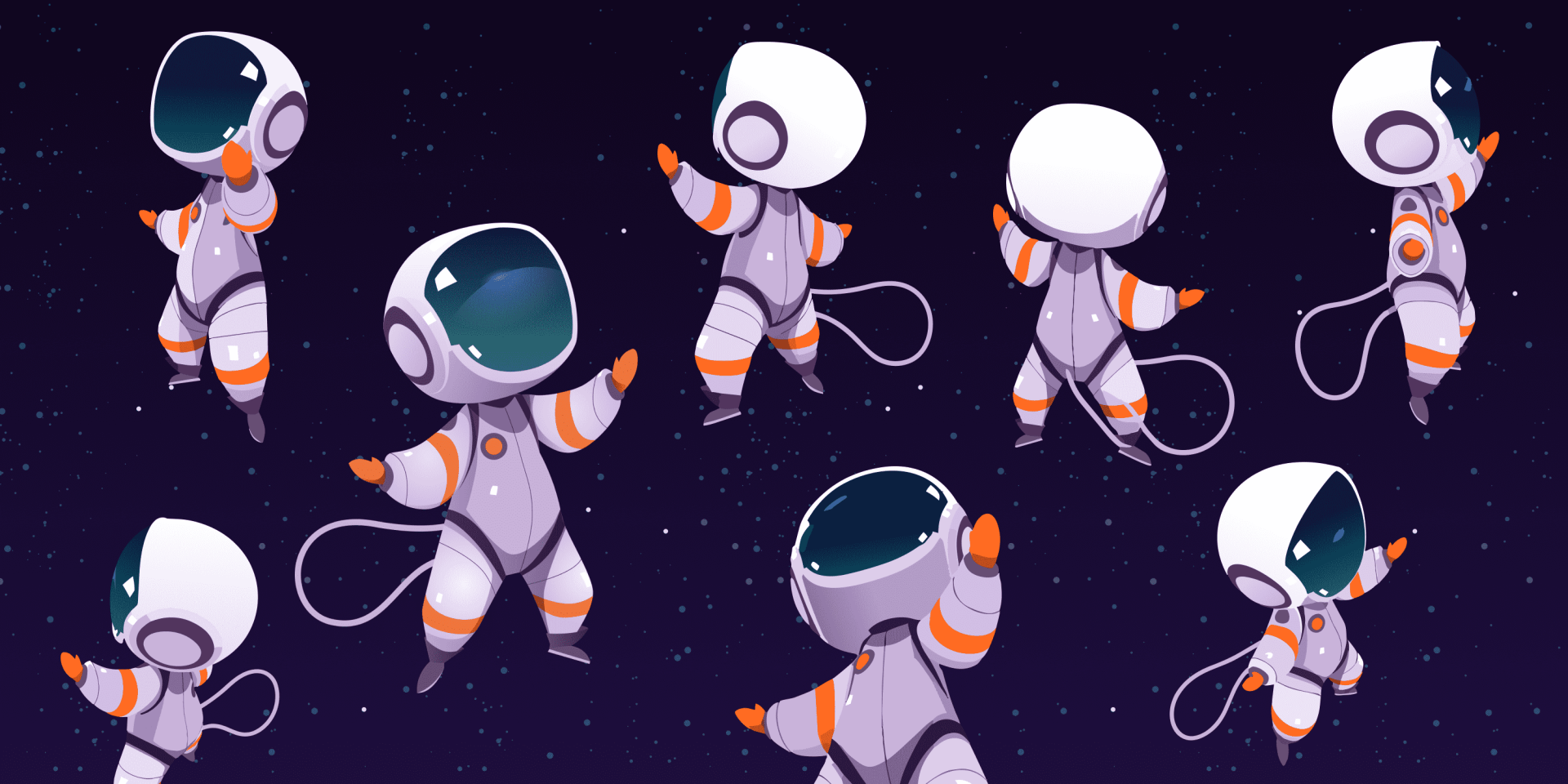 a whimsical illustration of several cartoon astronauts in different poses wearing white space suits with orange accents floating against a starry background digital production A whimsical illustration of several cartoon astronauts in different poses, wearing white space suits with orange accents, floating against a starry background.