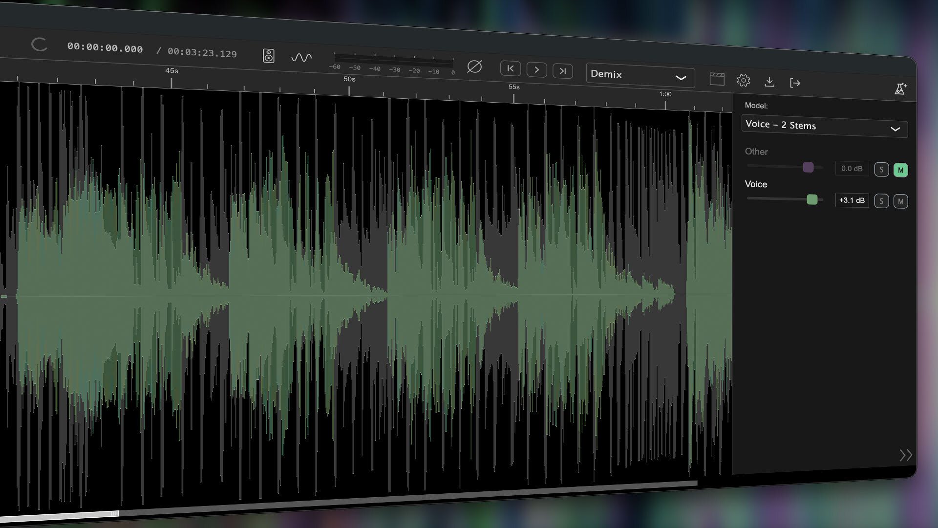 a digital audio editing interface displaying a waveform in green and black with playback controls and options for adjusting audio settings visible on the screen digital production A digital audio editing interface displaying a waveform in green and black, with playback controls and options for adjusting audio settings visible on the screen.
