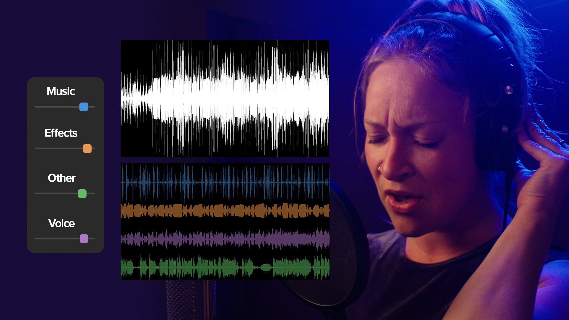 a woman with headphones sings into a microphone in a sound studio to the left audio waveforms for music effects other and voice are displayed in different colors illustrating sound editing processes digital production A woman with headphones sings into a microphone in a sound studio. To the left, audio waveforms for Music, Effects, Other, and Voice are displayed in different colors, illustrating sound editing processes.