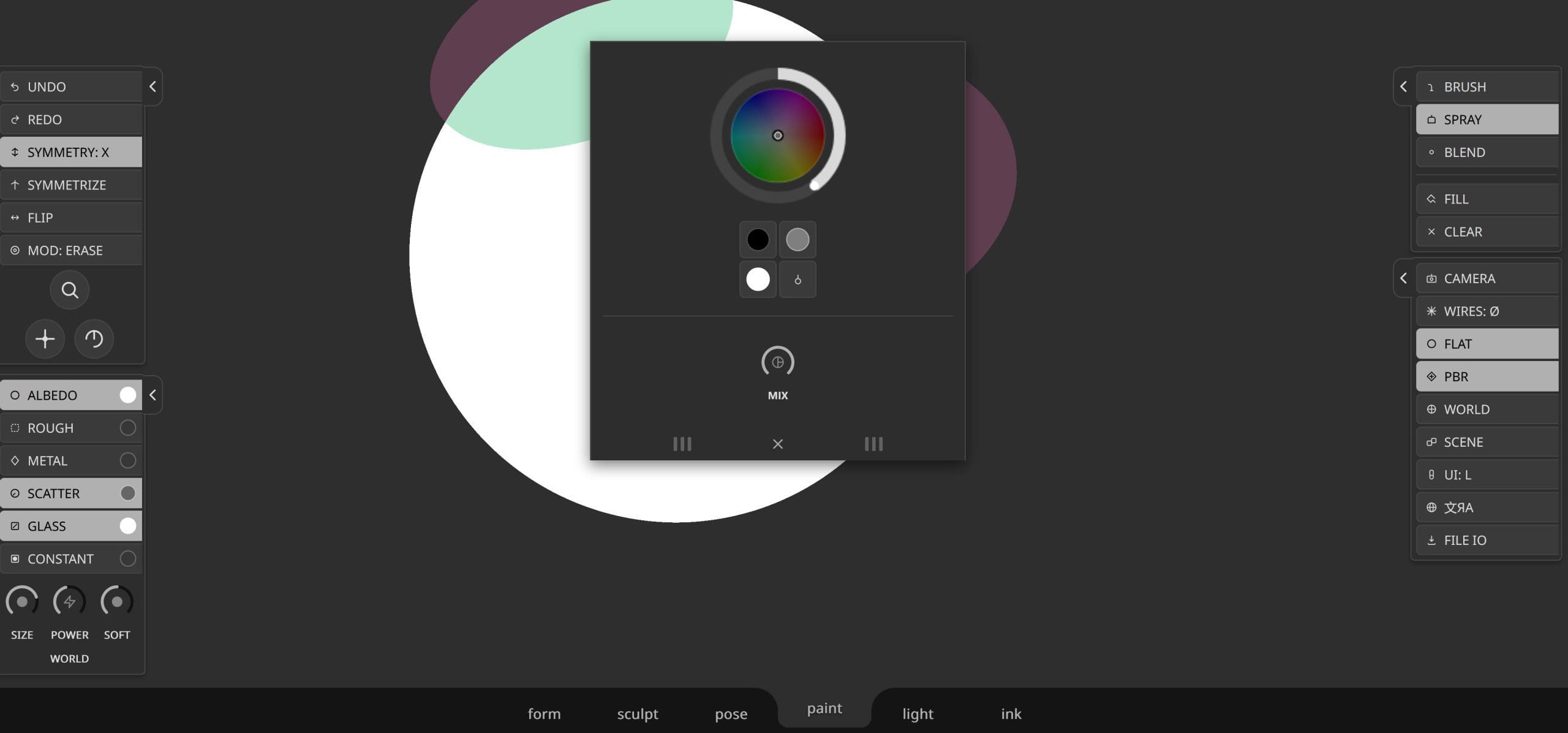 an interface showing a color picker tool with a circular color wheel and adjustment sliders in the background there are overlapping abstract shapes in various colors set against a dark theme digital production An interface showing a color picker tool with a circular color wheel and adjustment sliders. In the background, there are overlapping abstract shapes in various colors, set against a dark theme.