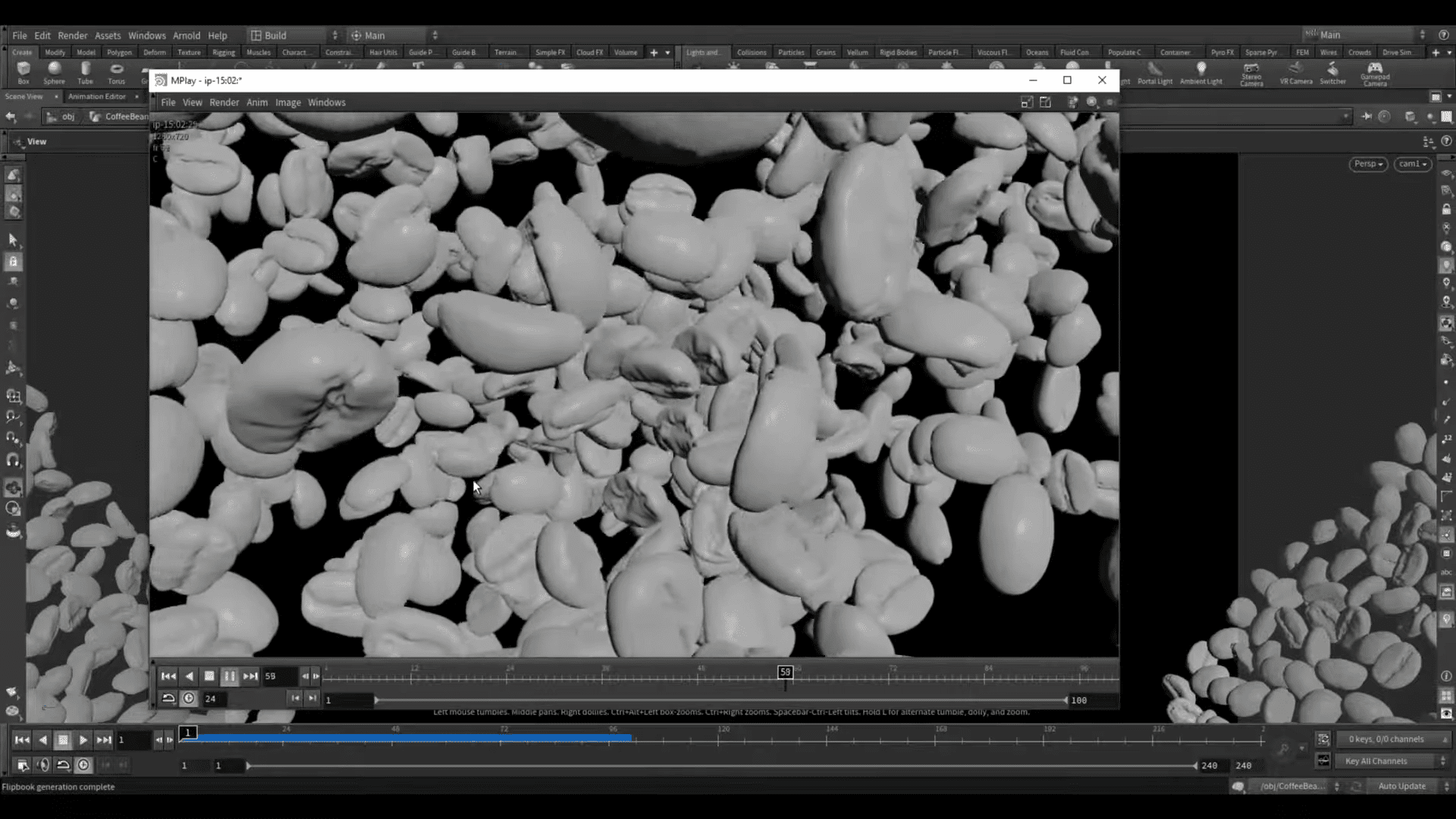 a digital screen displays a grayscale 3d view of numerous abstract shapes resembling pebbles and organic forms with a dark background the interface includes a timeline and playback controls indicating a modeling or animation software in use digital production A digital screen displays a grayscale 3D view of numerous abstract shapes resembling pebbles and organic forms, with a dark background. The interface includes a timeline and playback controls, indicating a modeling or animation software in use.